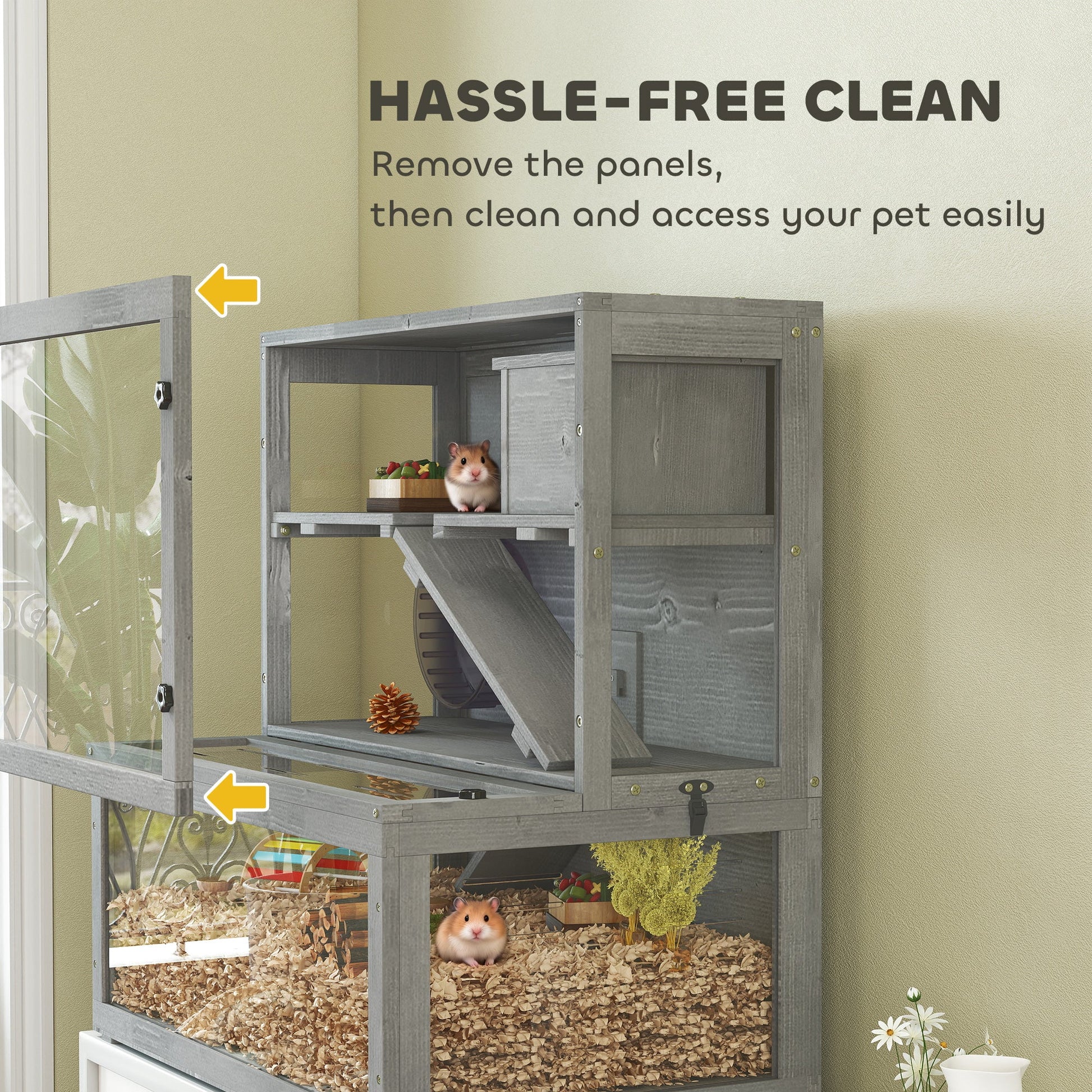 Wooden Hamster Cage, Large Gerbil Cage with Hut, Wheel, Ramps, 3 Tier Small Animal Habitat with Removable Viewing Panels, 80 x 50 x 84 cm, Grey