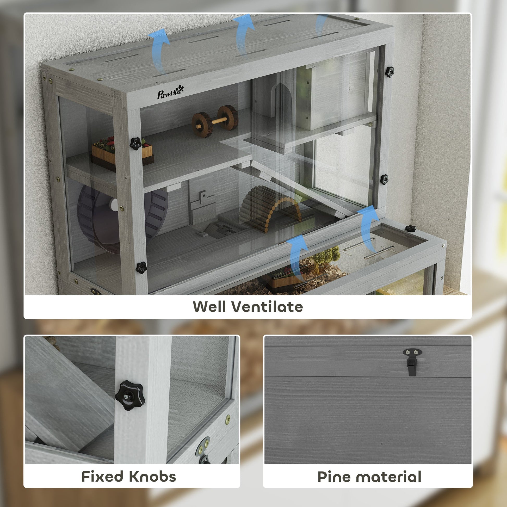 Wooden Hamster Cage, Large Gerbil Cage with Hut, Wheel, Ramps, 3 Tier Small Animal Habitat with Removable Viewing Panels, 80 x 50 x 84 cm, Grey
