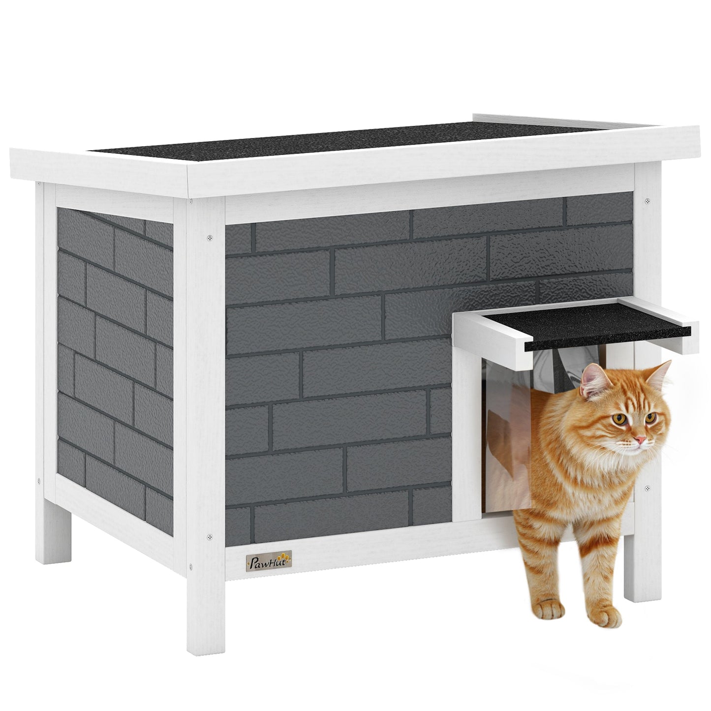 Outdoor Cat House Insulated, Wooden Weatherproof Feral Cat Shelter with Openable Asphalt Roof, Plastic Door Flaps, Rabbit Hutch for Bunnies, for Winter Outside, 61 x 51 x 53.5 cm, Grey