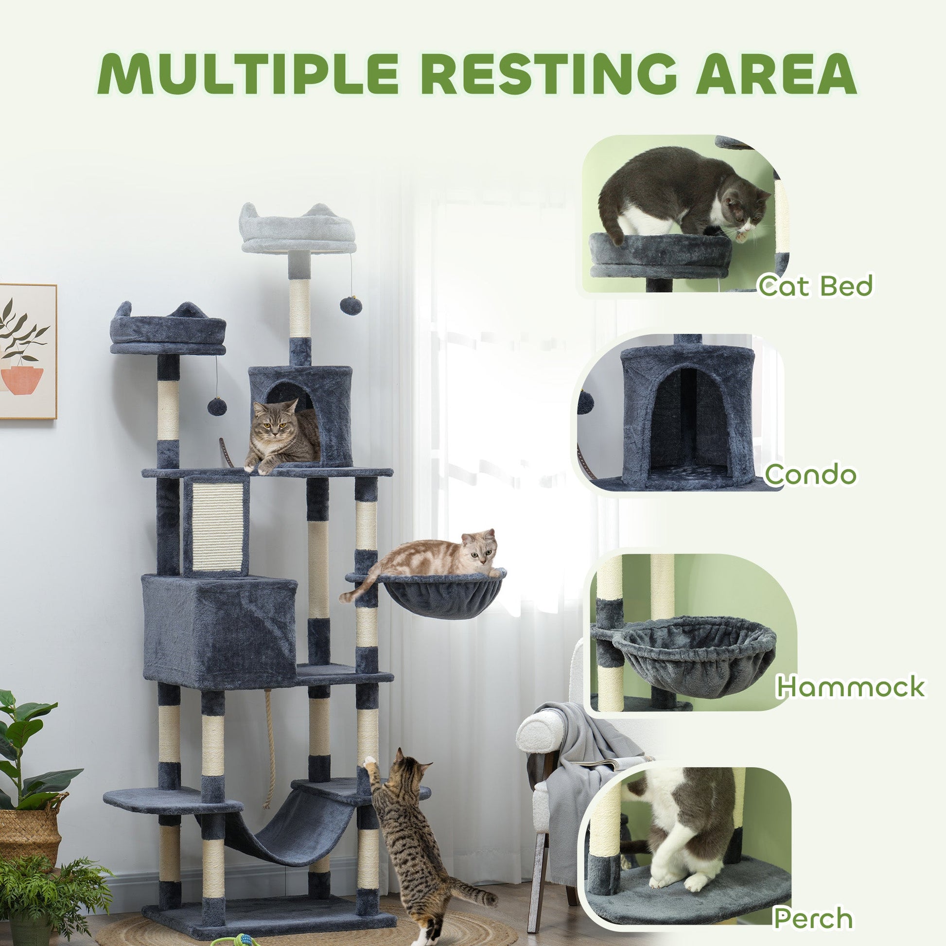 Cat Tree, 206cm Cat Tower with Sisal Scratching Posts and Board, Beds, Condos, Platforms, Hammocks, Toy Balls & Rope, Anti-Tip Kit, Kitten Activity Centre for Indoor, Dark Grey