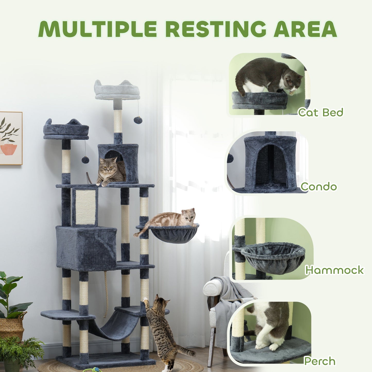 Cat Tree, 206cm Cat Tower with Sisal Scratching Posts and Board, Beds, Condos, Platforms, Hammocks, Toy Balls & Rope, Anti-Tip Kit, Kitten Activity Centre for Indoor, Dark Grey