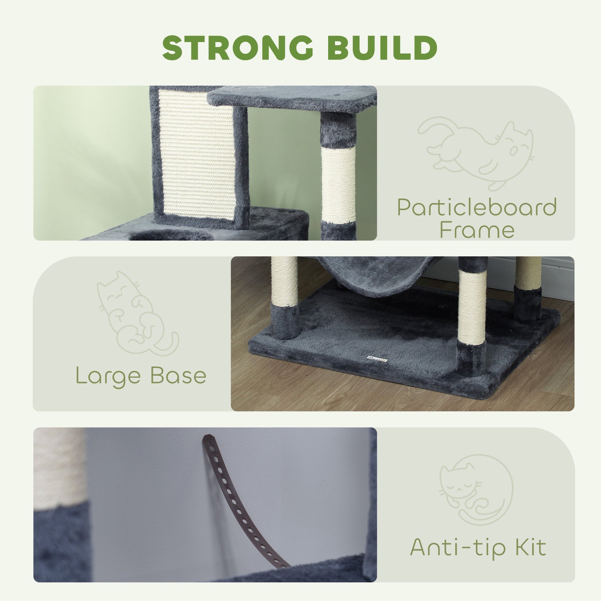 Cat Tree, 206cm Cat Tower with Sisal Scratching Posts and Board, Beds, Condos, Platforms, Hammocks, Toy Balls & Rope, Anti-Tip Kit, Kitten Activity Centre for Indoor, Dark Grey