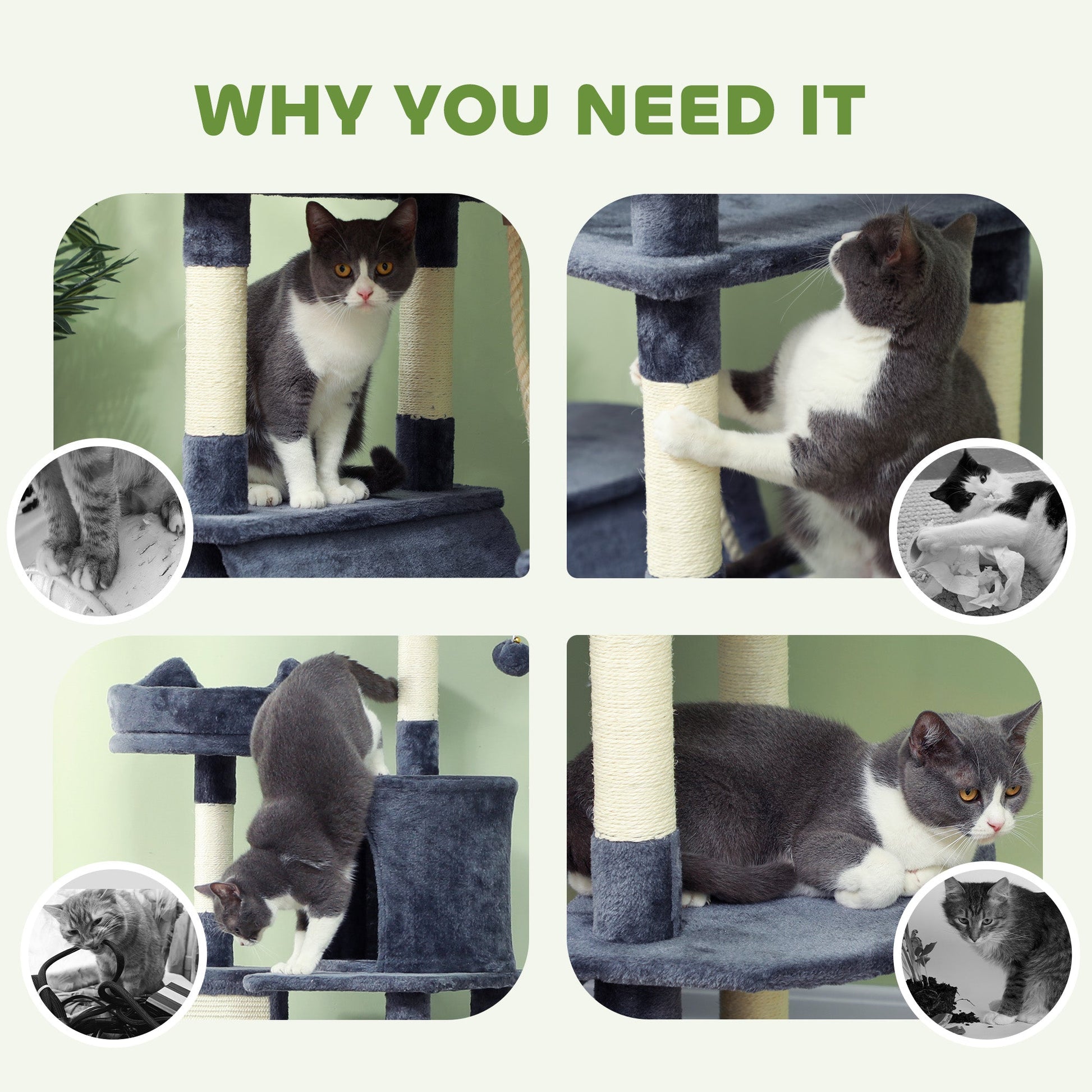 Cat Tree, 206cm Cat Tower with Sisal Scratching Posts and Board, Beds, Condos, Platforms, Hammocks, Toy Balls & Rope, Anti-Tip Kit, Kitten Activity Centre for Indoor, Dark Grey