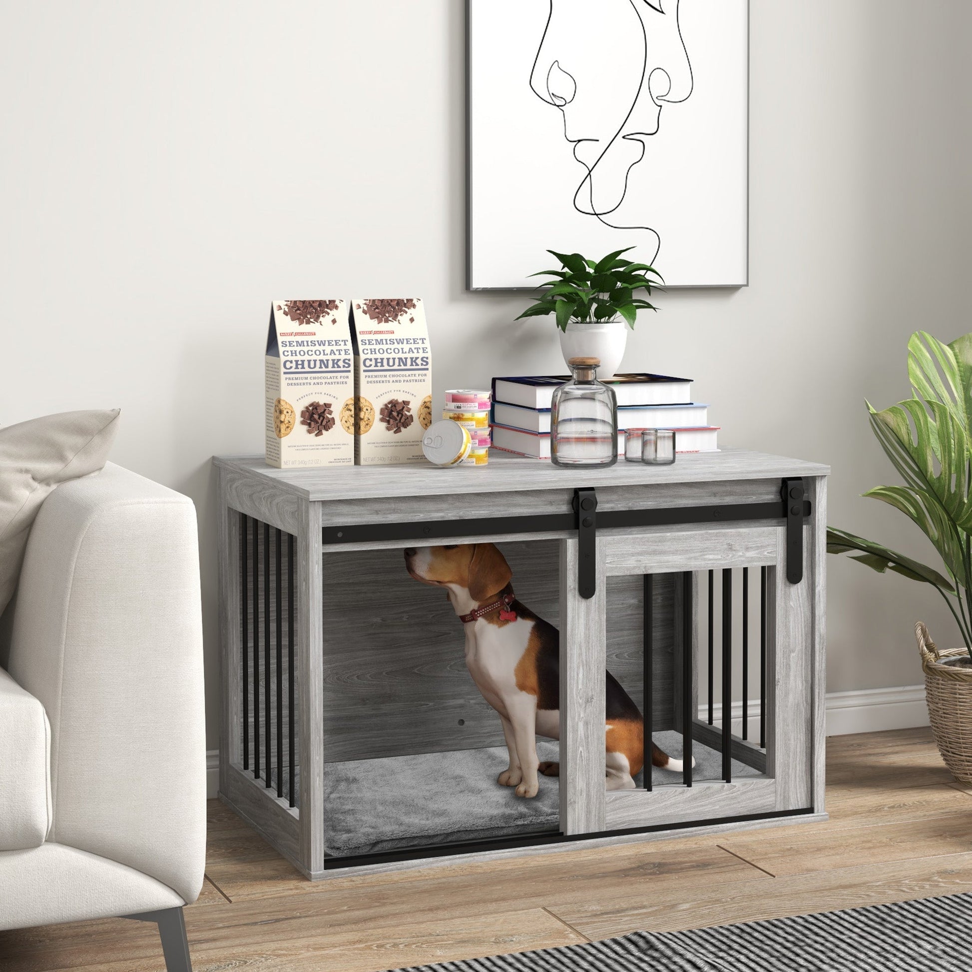 Dog Crate Furniture, Dog House Furniture Style for Medium Breeds, Pet Kennel with Removable Cushion for Indoor Use, 80 x 54 x 57cm, Grey