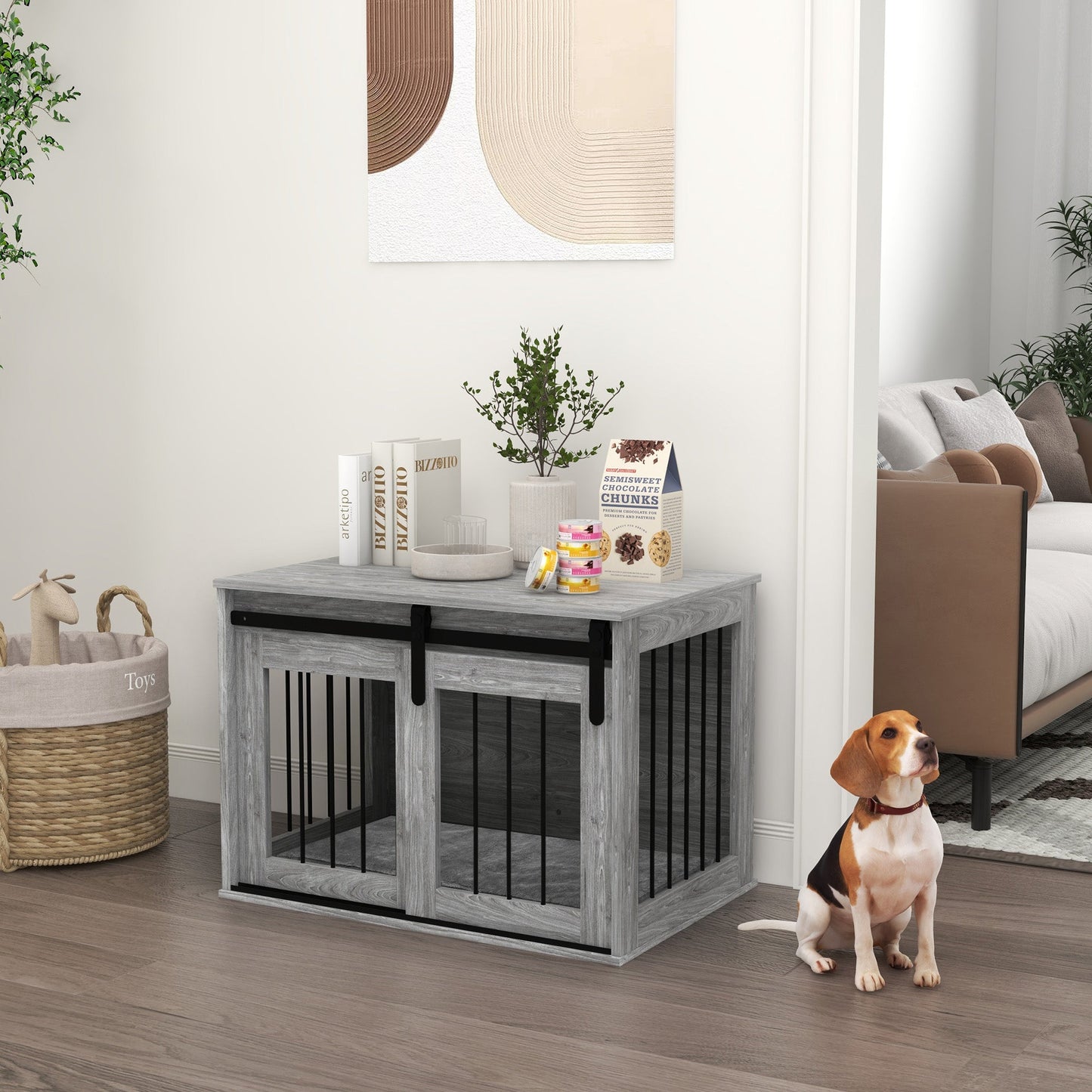 Dog Crate Furniture, Dog House Furniture Style for Medium Breeds, Pet Kennel with Removable Cushion for Indoor Use, 80 x 54 x 57cm, Grey