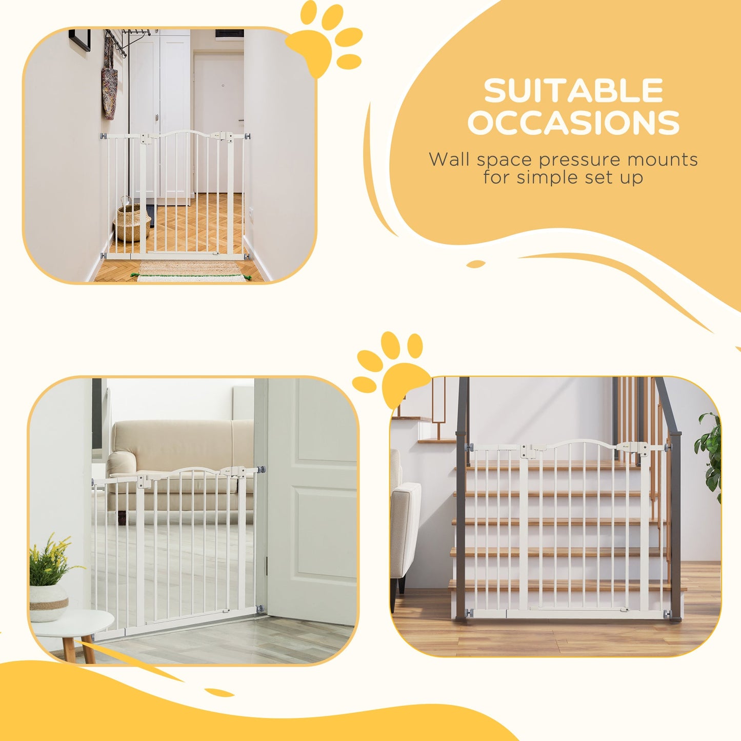 Pressure Fit Dog Stair Gate No Drilling Safety Gate Auto Close for Doorways, Hallways, 74-94cm Adjustable, 78cm Tall, White