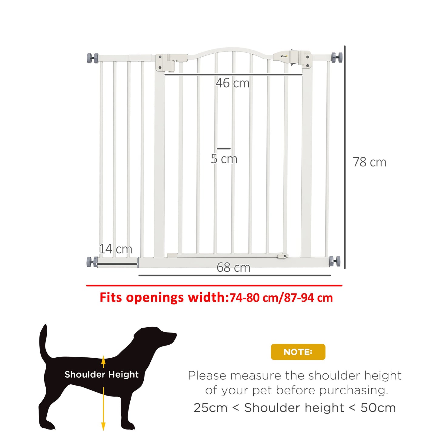 Pressure Fit Dog Stair Gate No Drilling Safety Gate Auto Close for Doorways, Hallways, 74-94cm Adjustable, 78cm Tall, White
