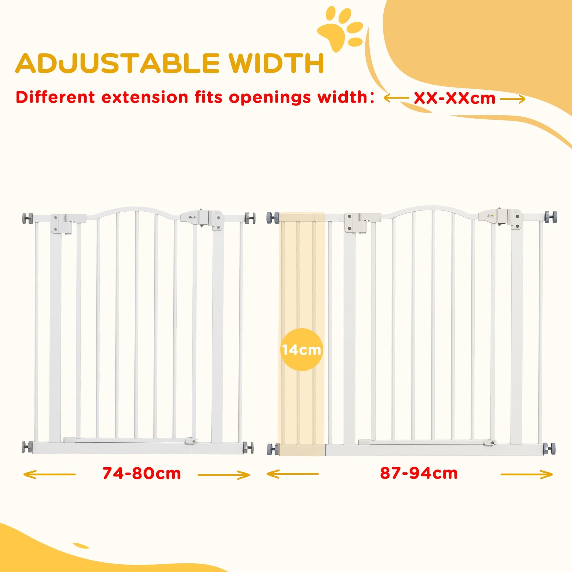 Pressure Fit Dog Stair Gate No Drilling Safety Gate Auto Close for Doorways, Hallways, 74-94cm Adjustable, 78cm Tall, White