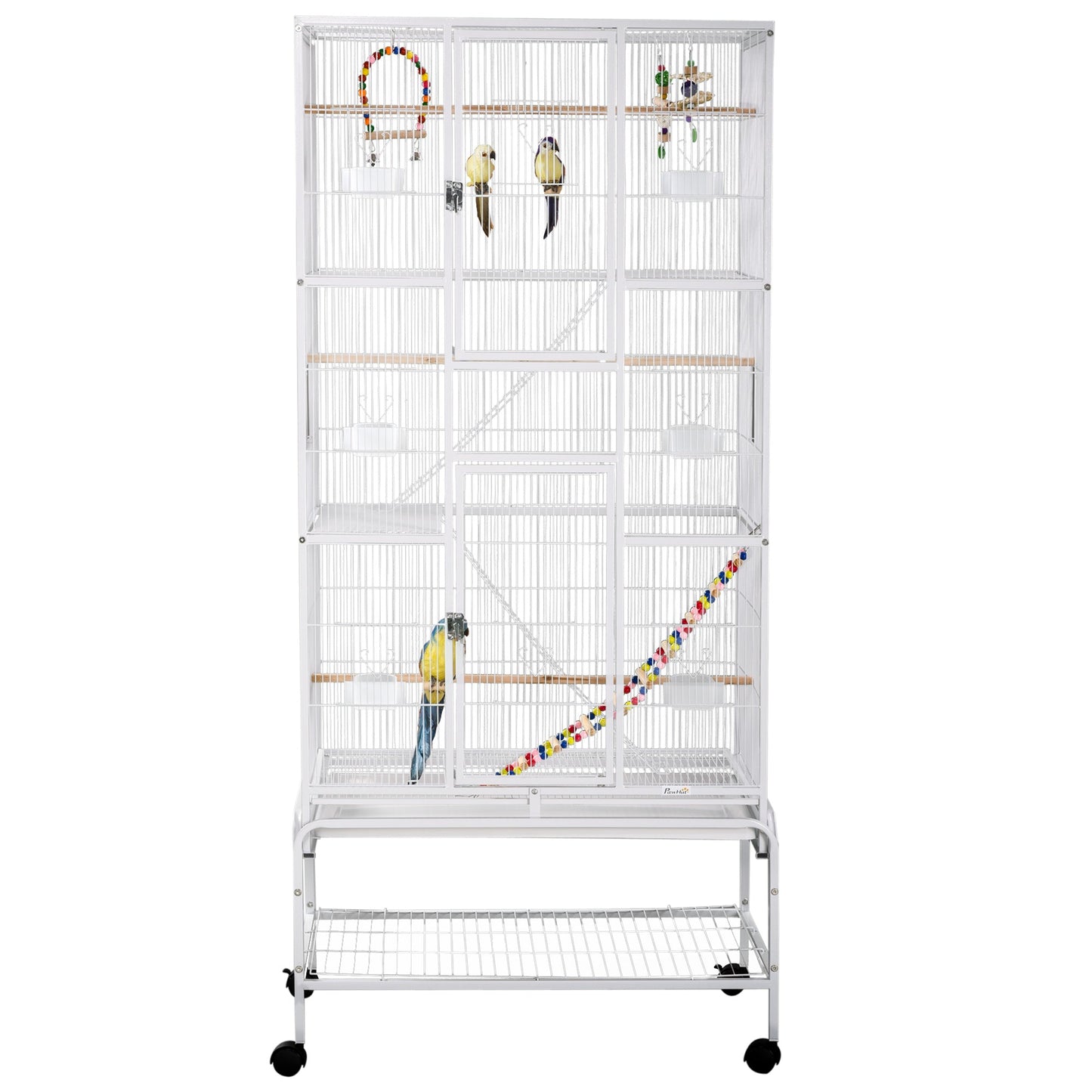 Large Bird Cage Budgie Cage 3 Tier Aviary with Stand Wheels, Toys, Ladders, Shelf for Canaries, Finches, Cockatiels, Parakeets - White
