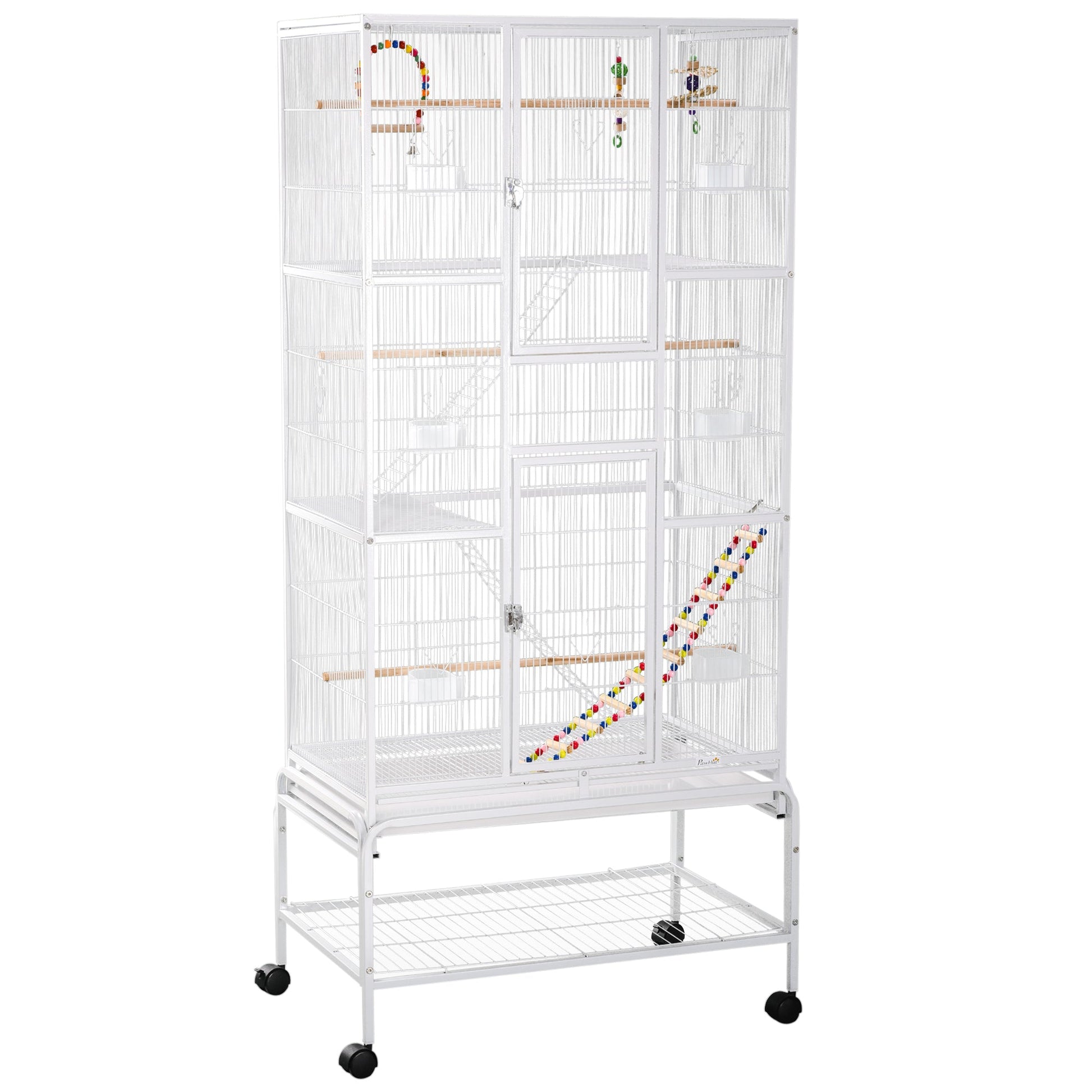 Large Bird Cage Budgie Cage 3 Tier Aviary with Stand Wheels, Toys, Ladders, Shelf for Canaries, Finches, Cockatiels, Parakeets - White