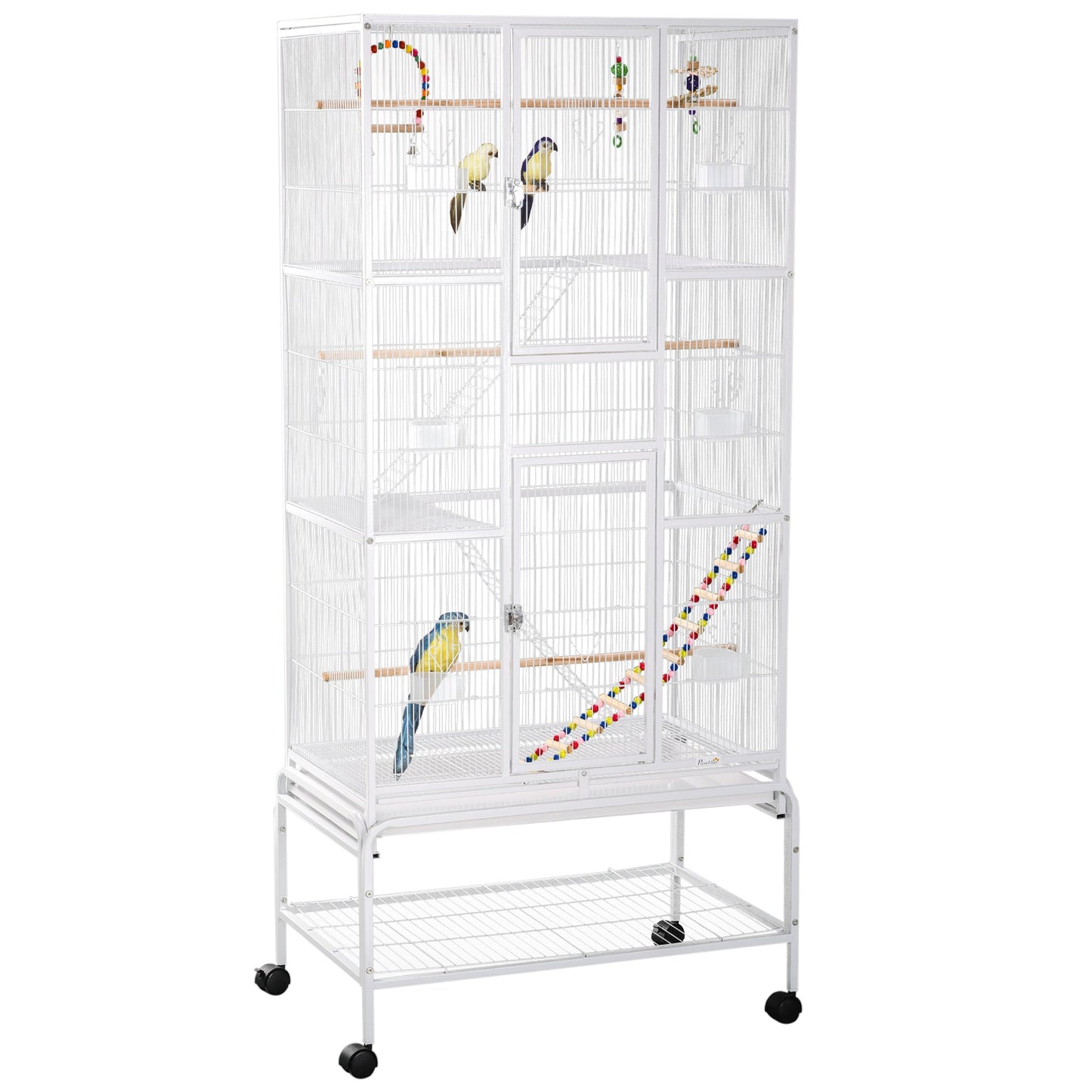 Large Bird Cage Budgie Cage 3 Tier Aviary with Stand Wheels, Toys, Ladders, Shelf for Canaries, Finches, Cockatiels, Parakeets - White