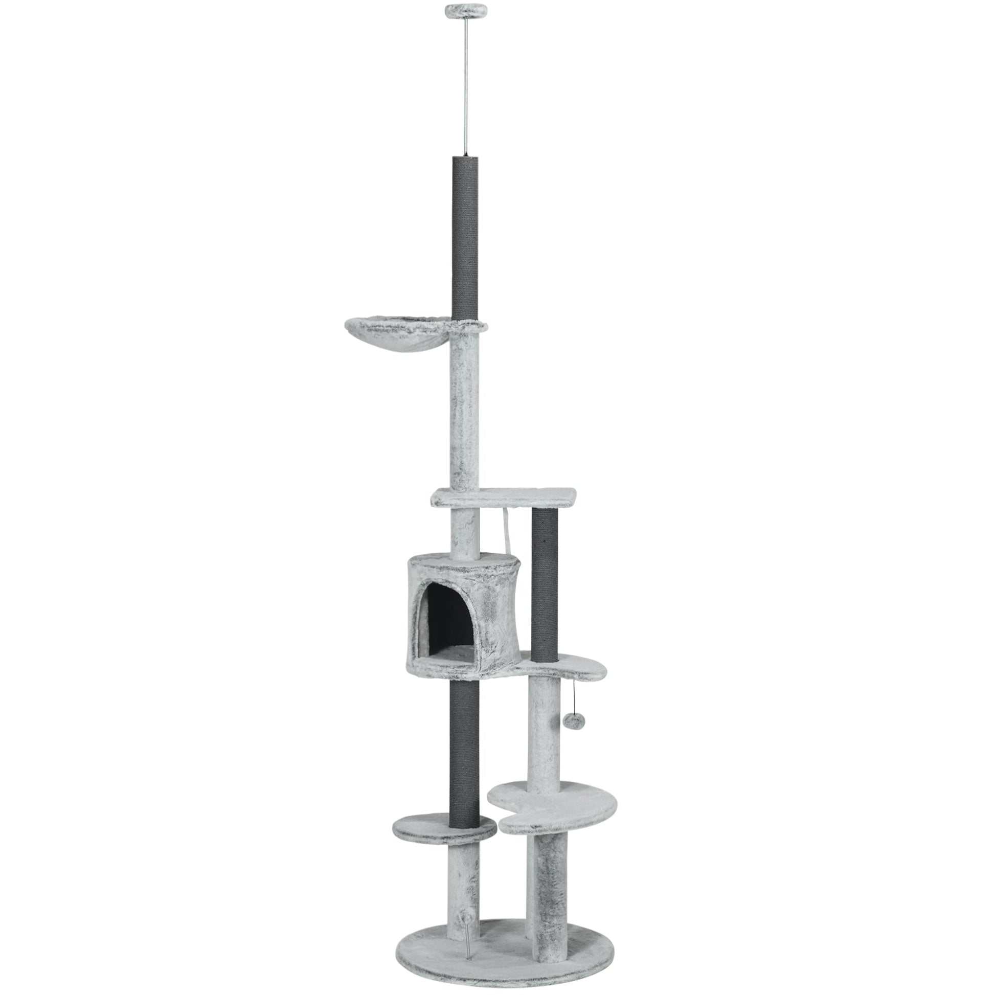 255cm Floor to Ceiling Cat Tree with Scratching Posts, Height Adjustable Cat Tower with Hammock, House, Anti-tipping Kit, Perches, Toys, Grey