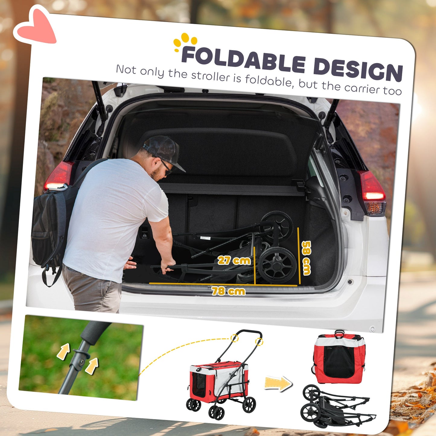 Dog Pram Dog Stroller Pet Pushchair with Detachable Carrier Soft Padding, Safety Leashes, for Mini and Small Dogs - Red