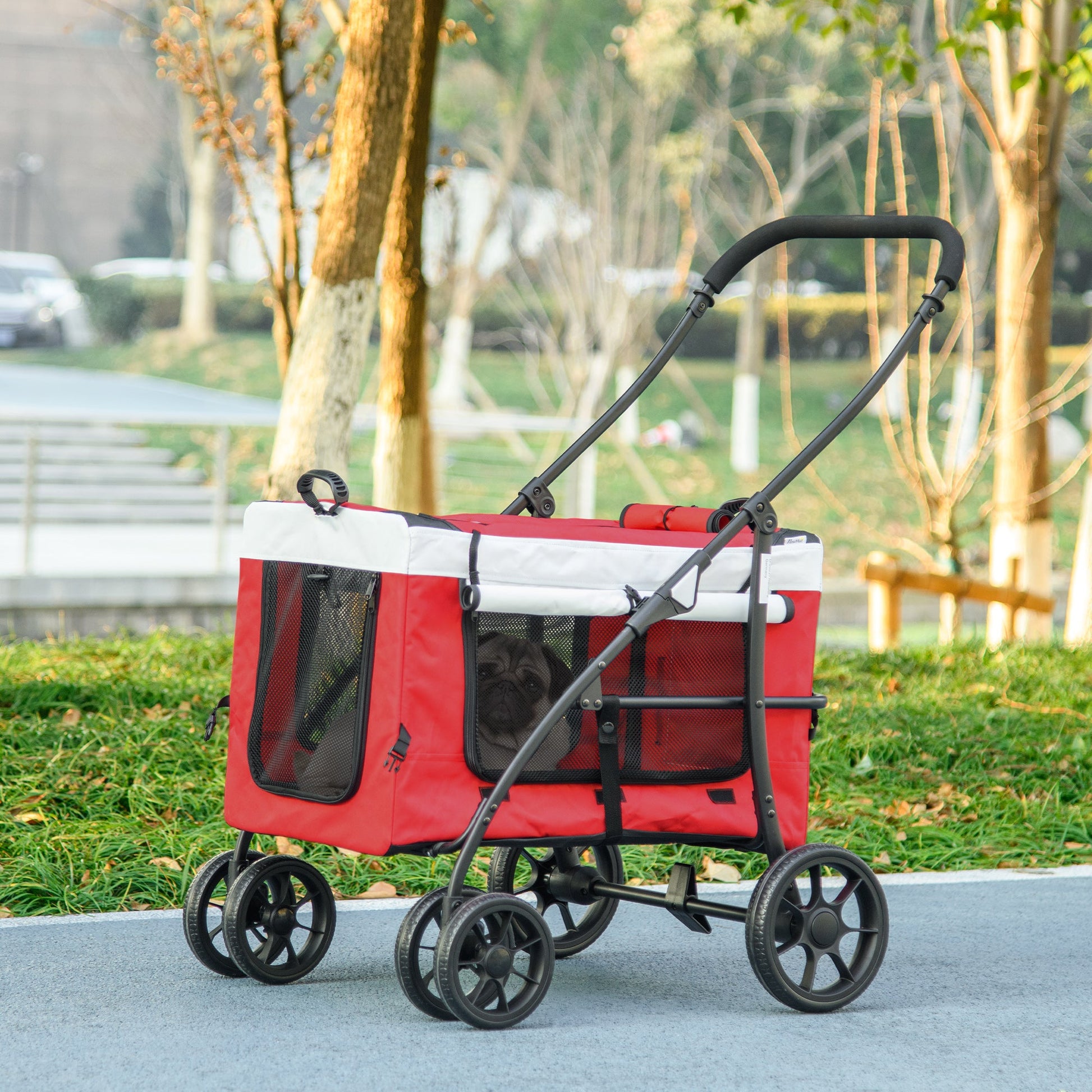 Dog Pram Dog Stroller Pet Pushchair with Detachable Carrier Soft Padding, Safety Leashes, for Mini and Small Dogs - Red