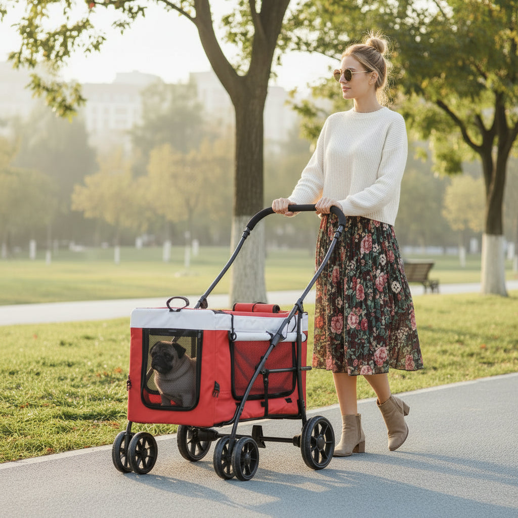 Dog Pram Dog Stroller Pet Pushchair with Detachable Carrier Soft Padding, Safety Leashes, for Mini and Small Dogs - Red