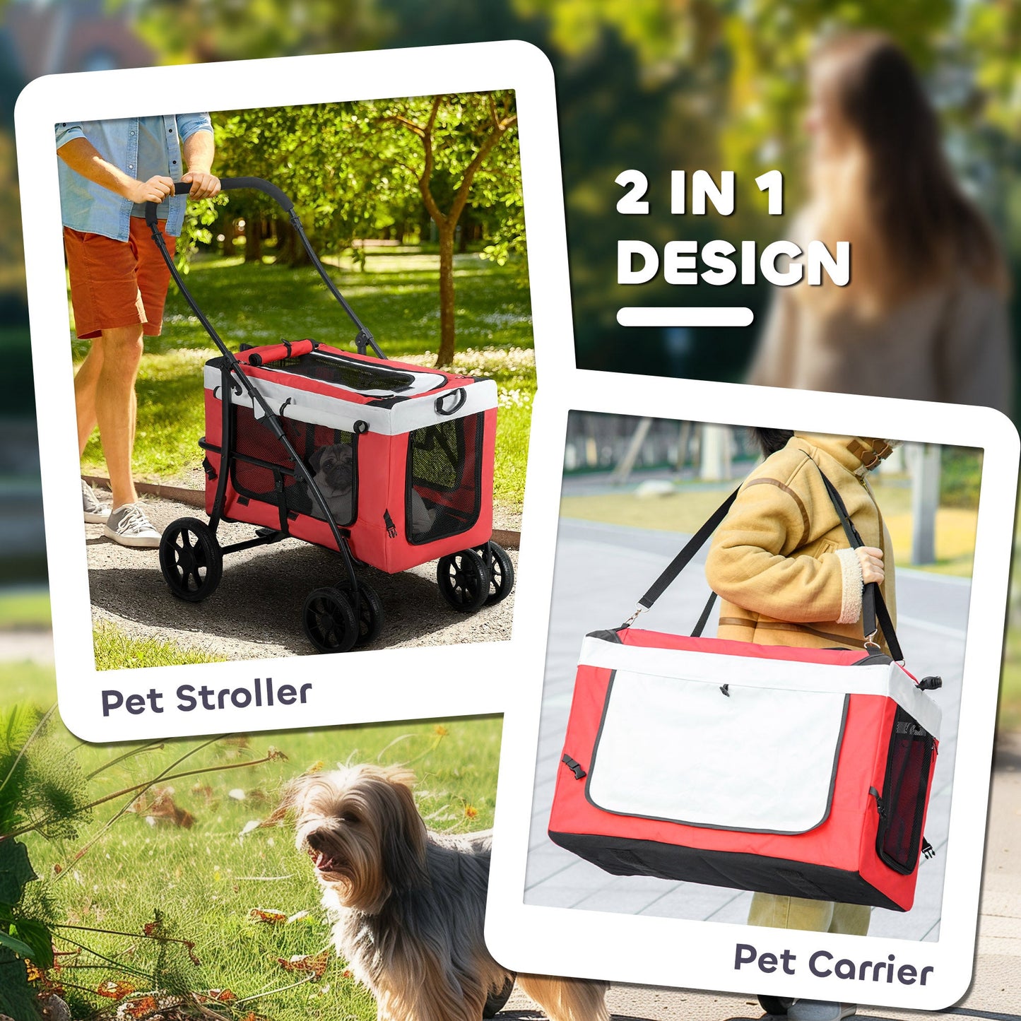 Dog Pram Dog Stroller Pet Pushchair with Detachable Carrier Soft Padding, Safety Leashes, for Mini and Small Dogs - Red