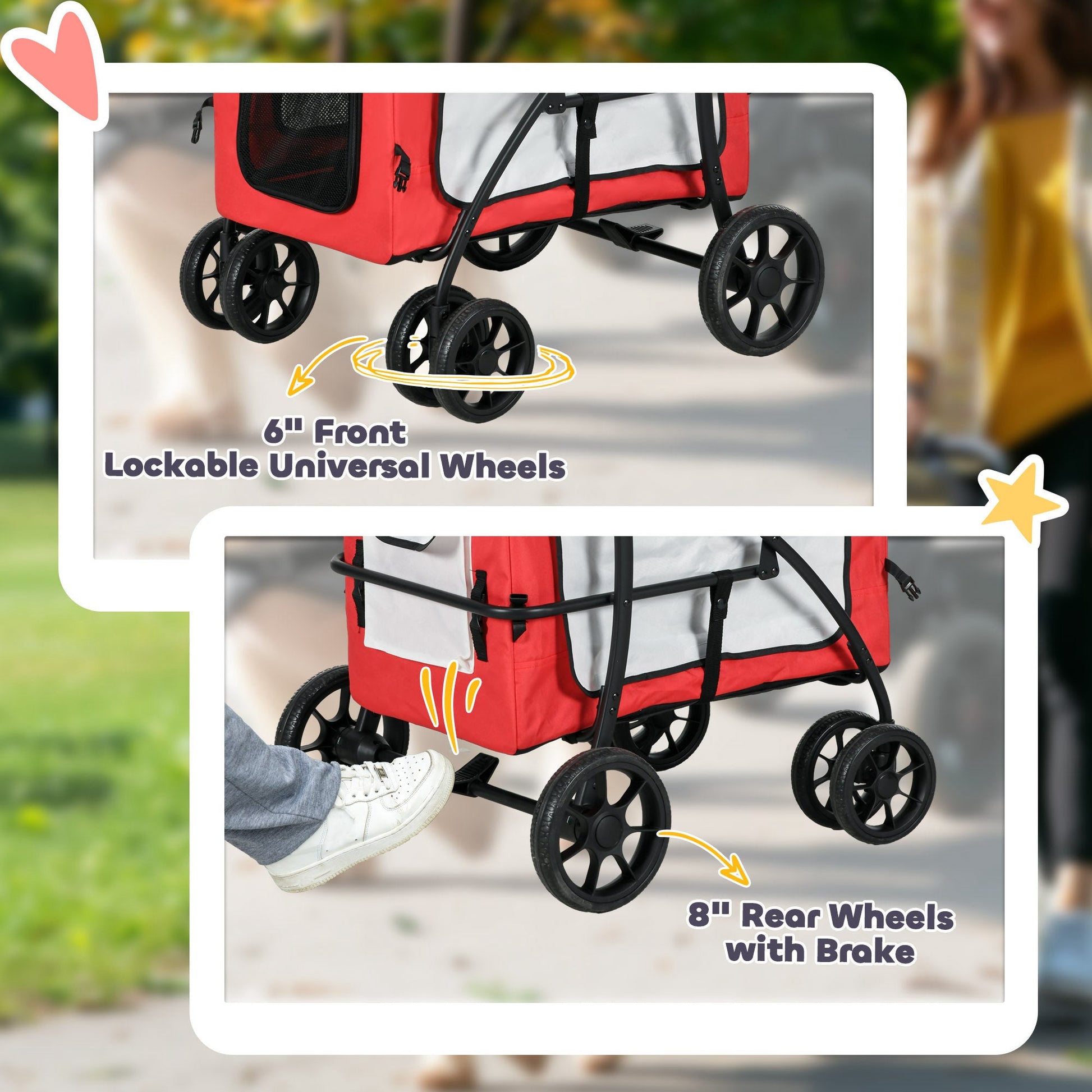 Dog Pram Dog Stroller Pet Pushchair with Detachable Carrier Soft Padding, Safety Leashes, for Mini and Small Dogs - Red