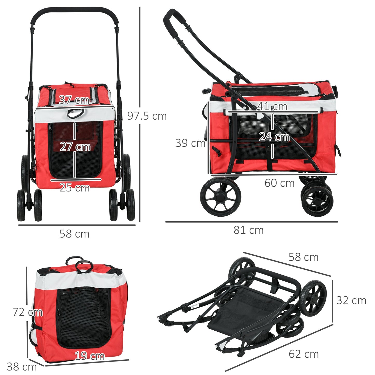 Dog Pram Dog Stroller Pet Pushchair with Detachable Carrier Soft Padding, Safety Leashes, for Mini and Small Dogs - Red