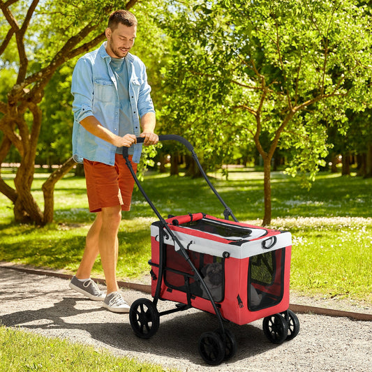 Dog Pram Dog Stroller Pet Pushchair with Detachable Carrier Soft Padding, Safety Leashes, for Mini and Small Dogs - Red