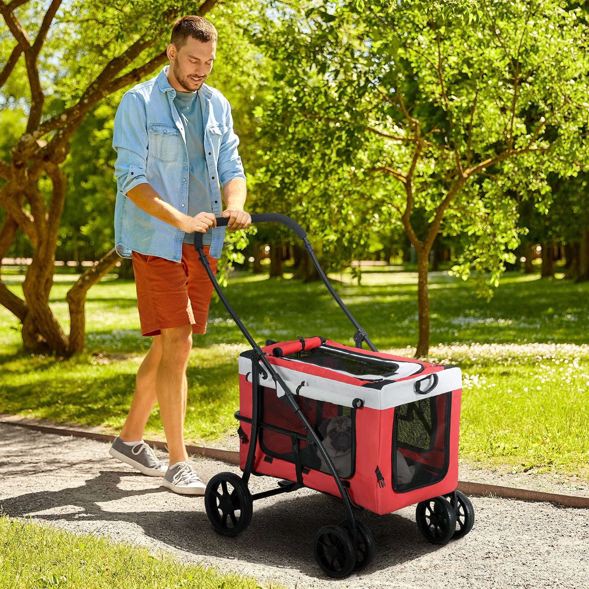 Dog Pram Dog Stroller Pet Pushchair with Detachable Carrier Soft Padding, Safety Leashes, for Mini and Small Dogs - Red