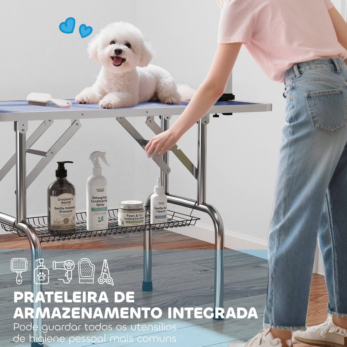 42" Foldable Dog Grooming Table Adjustable Pet Cat Drying Beauty Table Rubber Top with 2 Loops Storage Basket Metal Blue