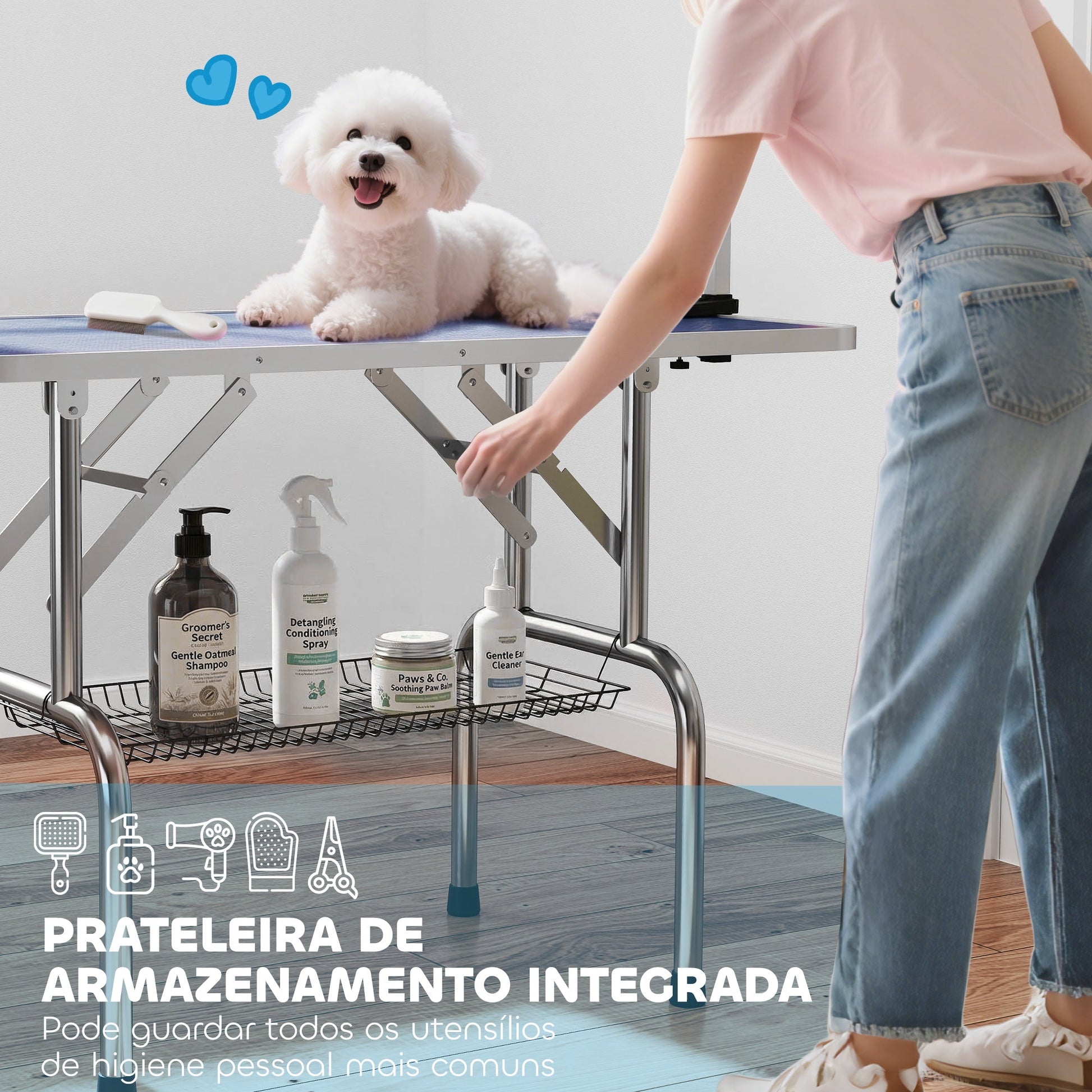 42" Foldable Dog Grooming Table Adjustable Pet Cat Drying Beauty Table Rubber Top with 2 Loops Storage Basket Metal Blue