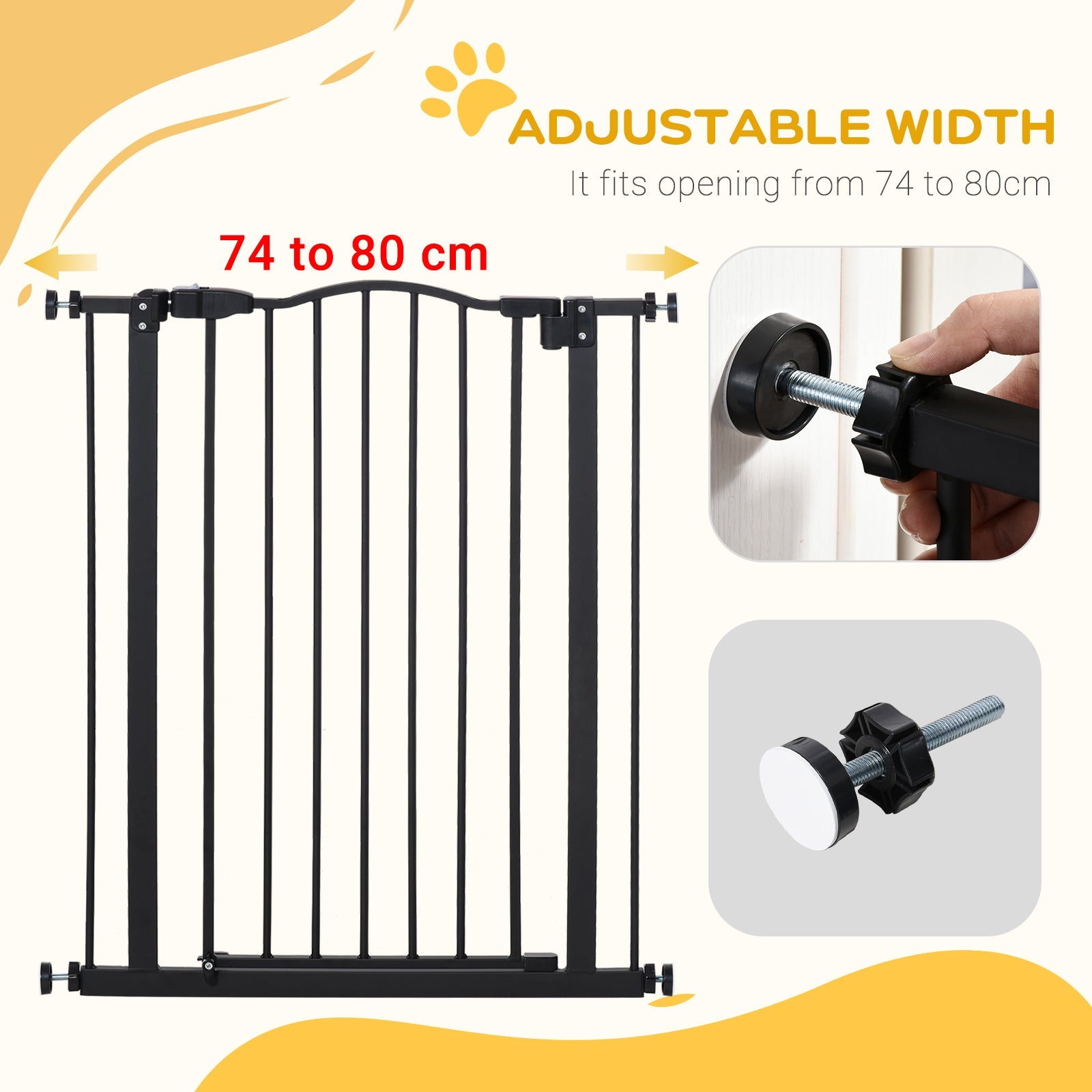 Pressure Fit Dog Stair Gate No Drilling Safety Gate Auto Close for Doorways, Hallways, 74-80cm Adjustable, 94cm Tall, Black