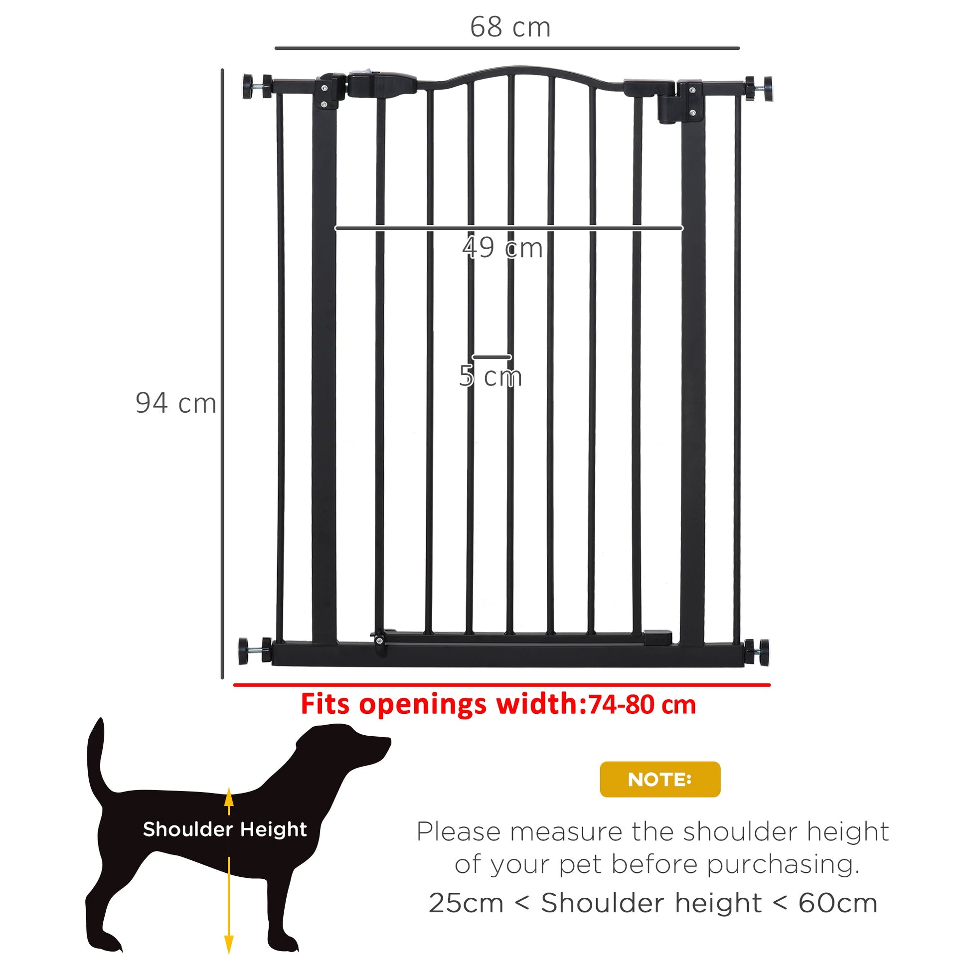 Pressure Fit Dog Stair Gate No Drilling Safety Gate Auto Close for Doorways, Hallways, 74-80cm Adjustable, 94cm Tall, Black