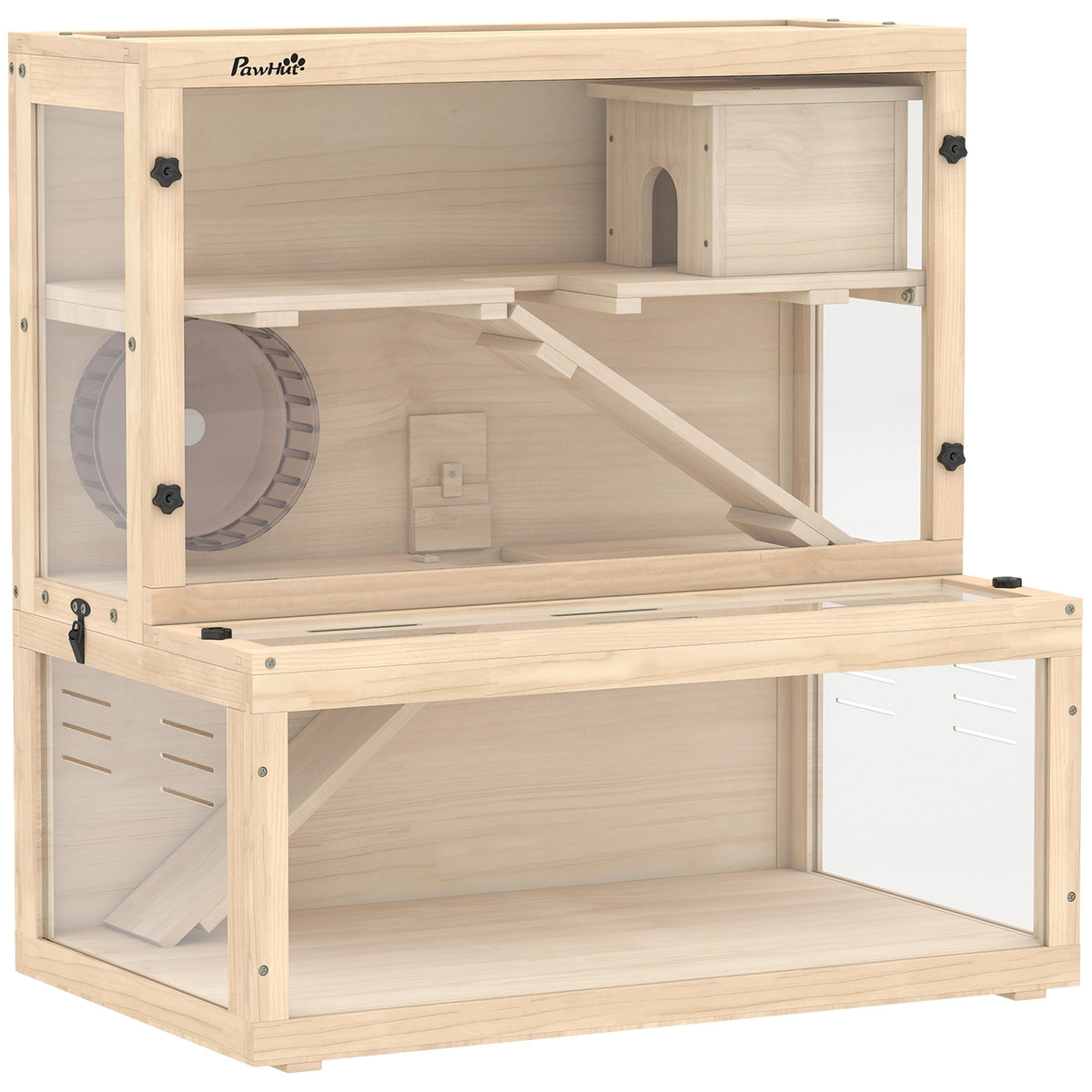 Wooden Hamster Cage, Large Gerbil Cage with Hut, Wheel, Ramps, 3 Tier Small Animal Habitat with Removable Viewing Panels, 80 x 50 x 84 cm, Natural