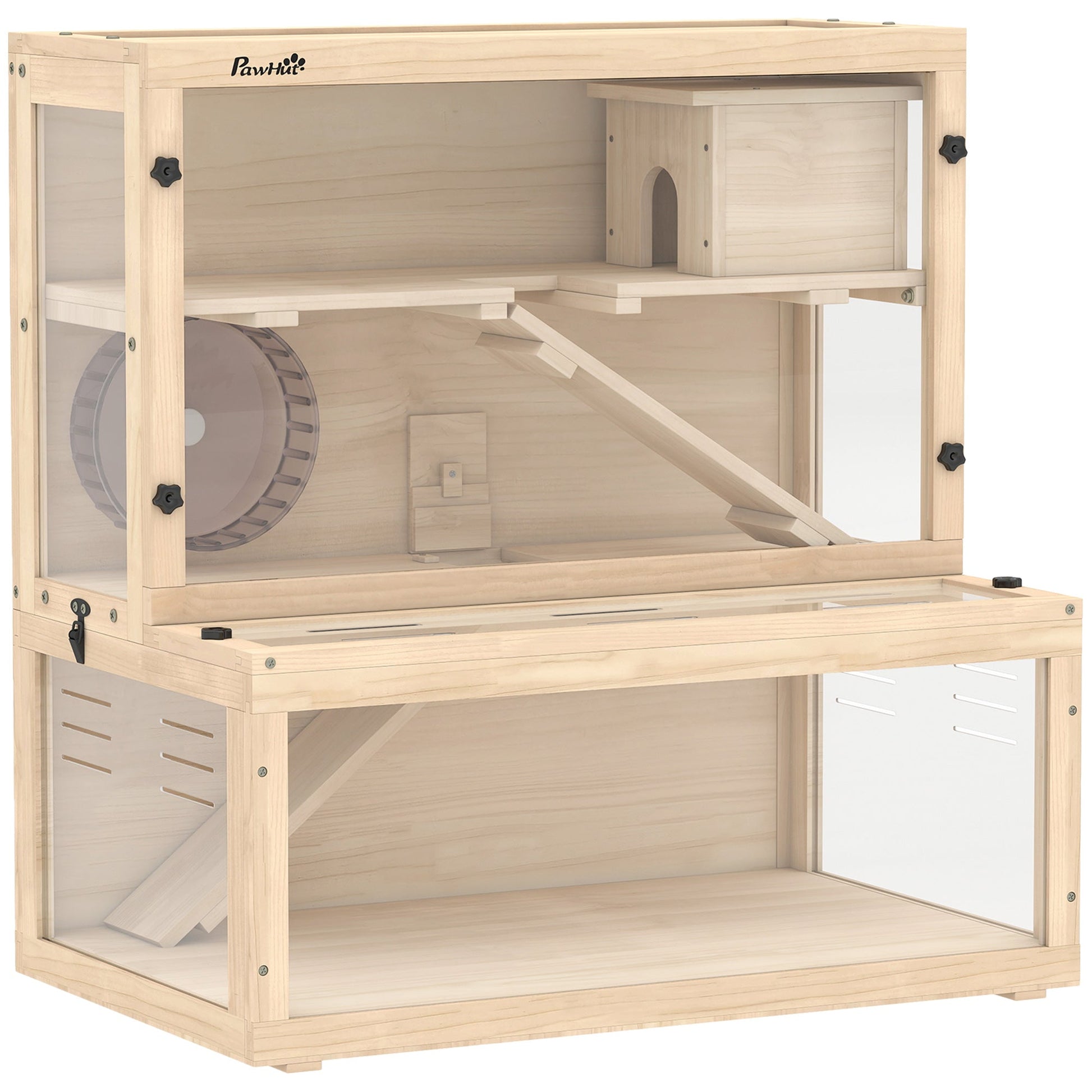 Wooden Hamster Cage, Large Gerbil Cage with Hut, Wheel, Ramps, 3 Tier Small Animal Habitat with Removable Viewing Panels, 80 x 50 x 84 cm, Natural