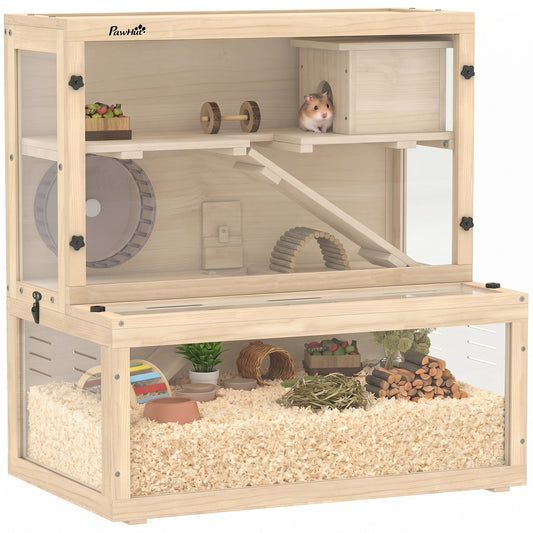 Wooden Hamster Cage, Large Gerbil Cage with Hut, Wheel, Ramps, 3 Tier Small Animal Habitat with Removable Viewing Panels, 80 x 50 x 84 cm, Natural