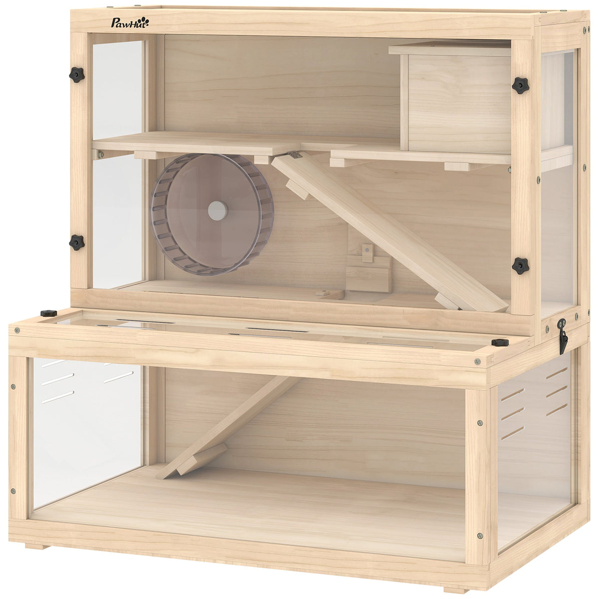 Wooden Hamster Cage, Large Gerbil Cage with Hut, Wheel, Ramps, 3 Tier Small Animal Habitat with Removable Viewing Panels, 80 x 50 x 84 cm, Natural
