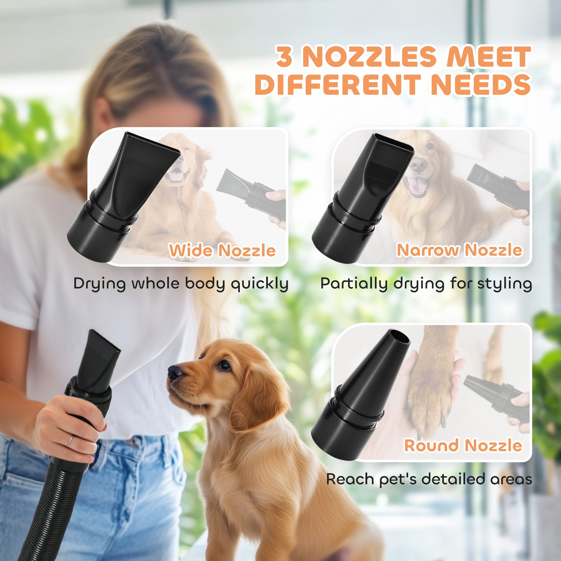Dog Hair Dryer, 2200W Pet Grooming Hair Dryer with Adjustable Temperature & Velocity, Professional Low Noise Dog Blaster with 3 Different Nozzles, Black