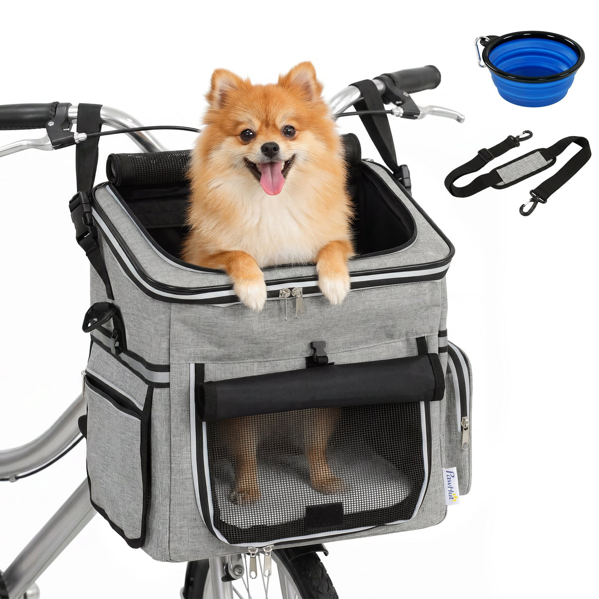 Dog Bike Basket, Soft-Sided Pet Carrier with Security Leash, Mesh Door & Window, Plush Cushion, Bowl for Small Dogs Cats, Up to 5 kg, Portable Breathable, Light Grey