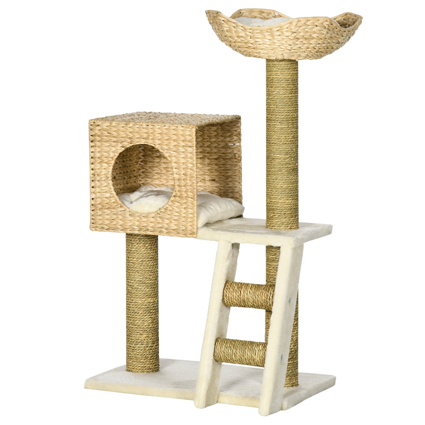 Flower Cat Tree for Indoor Cats Kitten Tower Cattail Weave with Scratching Posts, Cat House, Bed, Ladder, Washable Cushions, 57 x 37 x 100.5 cm - Natural Finish
