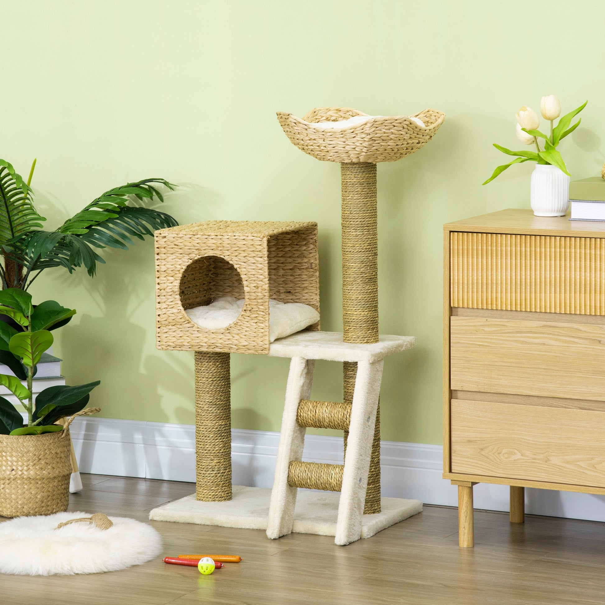 Flower Cat Tree for Indoor Cats Kitten Tower Cattail Weave with Scratching Posts, Cat House, Bed, Ladder, Washable Cushions, 57 x 37 x 100.5 cm - Natural Finish