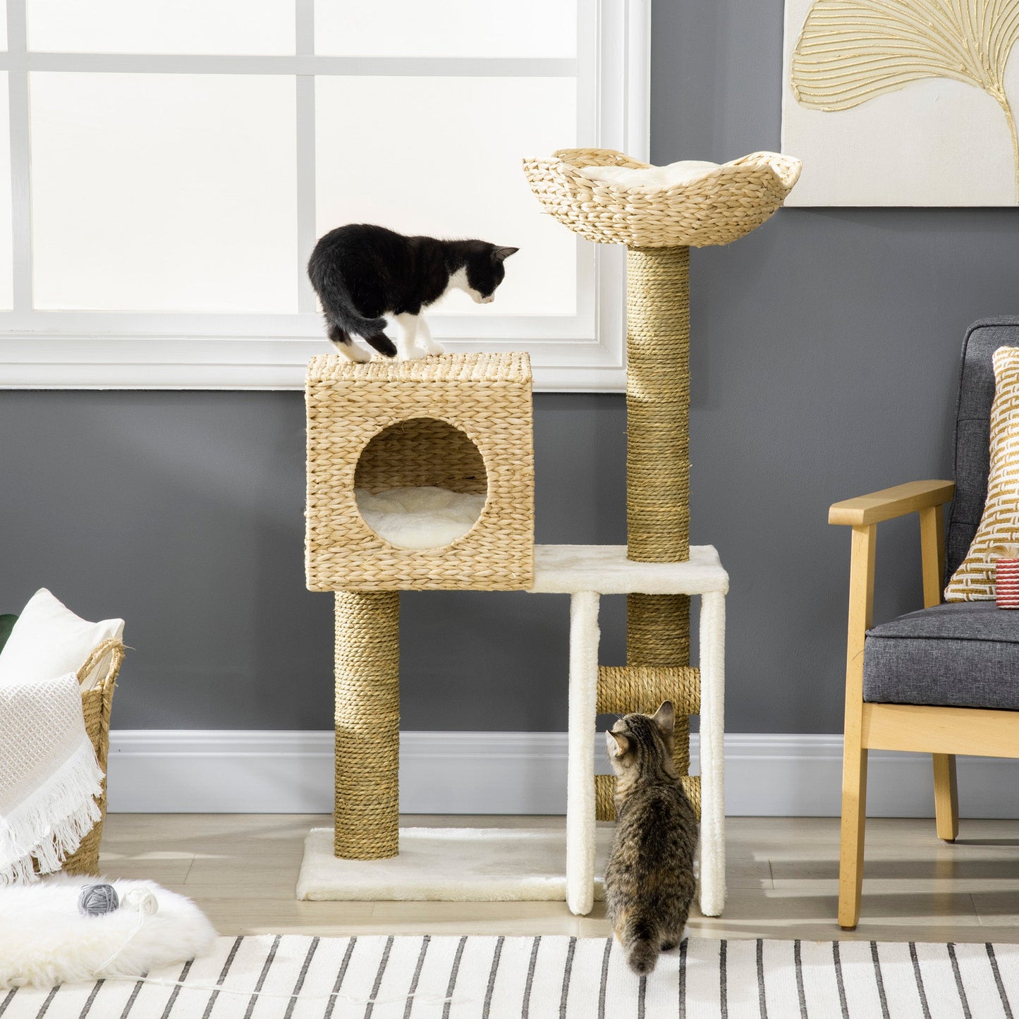 Flower Cat Tree for Indoor Cats Kitten Tower Cattail Weave with Scratching Posts, Cat House, Bed, Ladder, Washable Cushions, 57 x 37 x 100.5 cm - Natural Finish