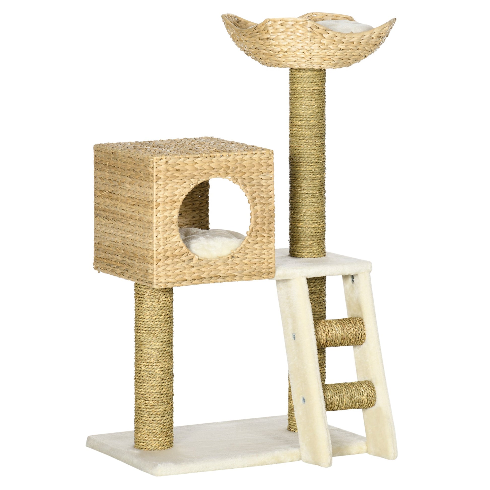 Flower Cat Tree for Indoor Cats Kitten Tower Cattail Weave with Scratching Posts, Cat House, Bed, Ladder, Washable Cushions, 57 x 37 x 100.5 cm - Natural Finish