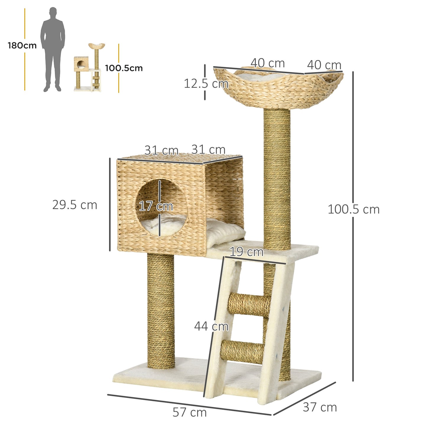Flower Cat Tree for Indoor Cats Kitten Tower Cattail Weave with Scratching Posts, Cat House, Bed, Ladder, Washable Cushions, 57 x 37 x 100.5 cm - Natural Finish