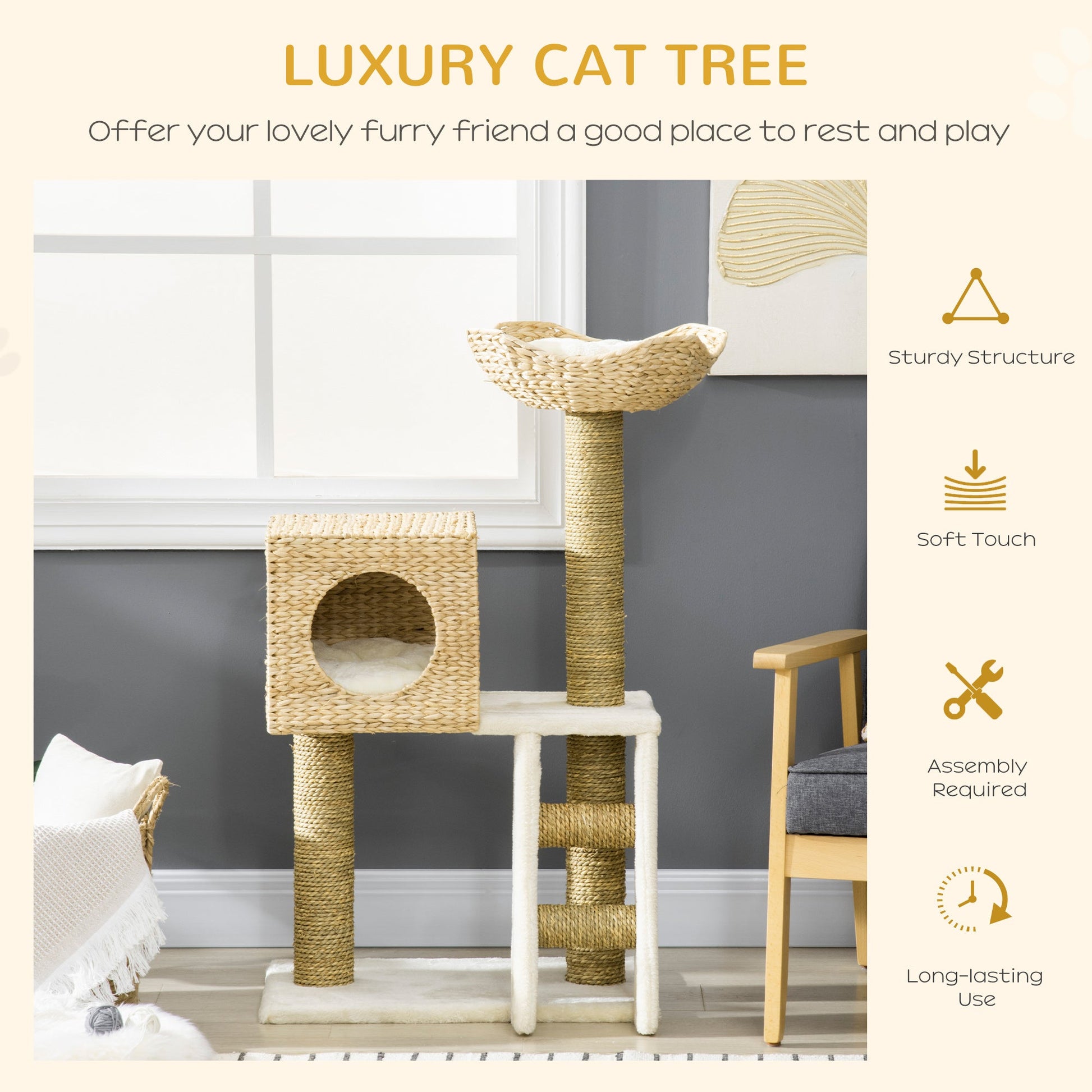 Flower Cat Tree for Indoor Cats Kitten Tower Cattail Weave with Scratching Posts, Cat House, Bed, Ladder, Washable Cushions, 57 x 37 x 100.5 cm - Natural Finish