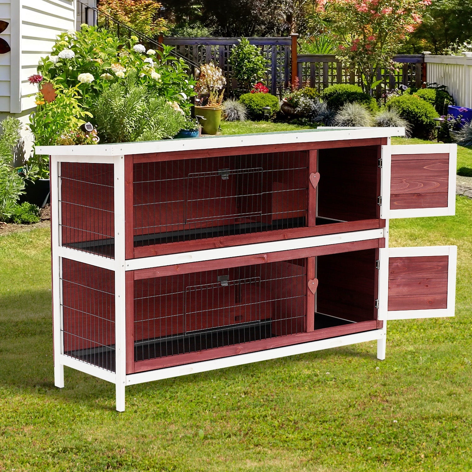 Rabbit Hutch Outdoor 2-Tier Guinea Pig Cage Bunny House Cage with No-Leak Trays for Indoor and Outdoor 136 x 50 x 93cm