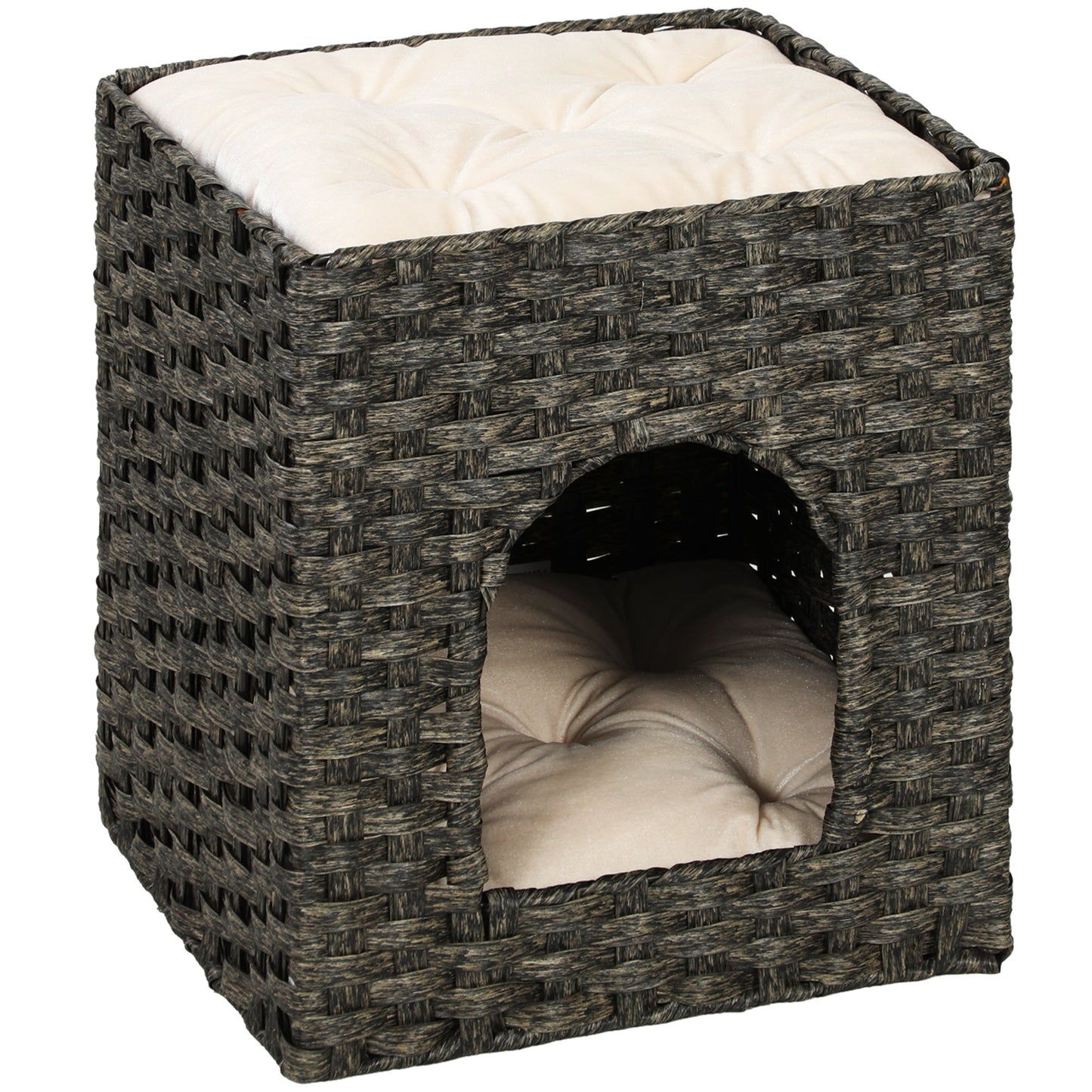 2-Tier Wicker Cat House, Handwoven Rattan Cat Bed with Washable Cushions, Indoor Kitten Condo Hideaway, 43 x 40 x 49 cm, Grey