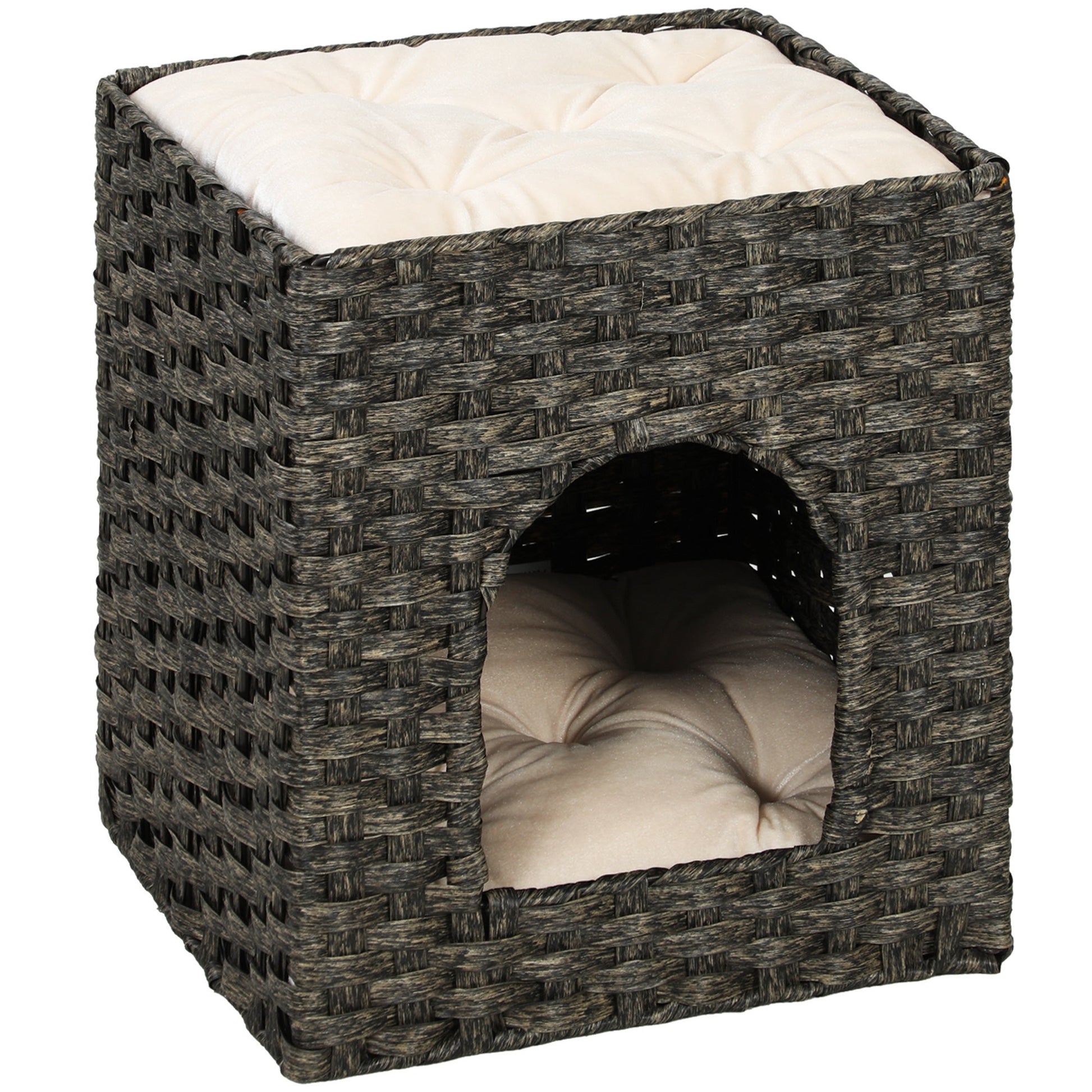 2-Tier Wicker Cat House, Handwoven Rattan Cat Bed with Washable Cushions, Indoor Kitten Condo Hideaway, 43 x 40 x 49 cm, Grey
