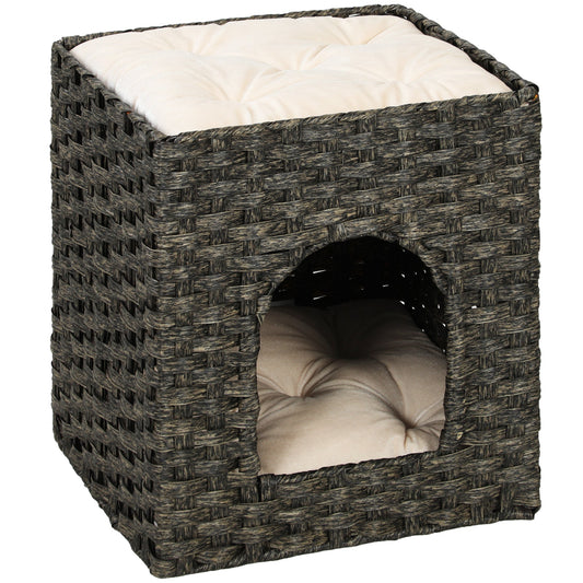 2-Tier Wicker Cat House, Handwoven Rattan Cat Bed with Washable Cushions, Indoor Kitten Condo Hideaway, 43 x 40 x 49 cm, Grey