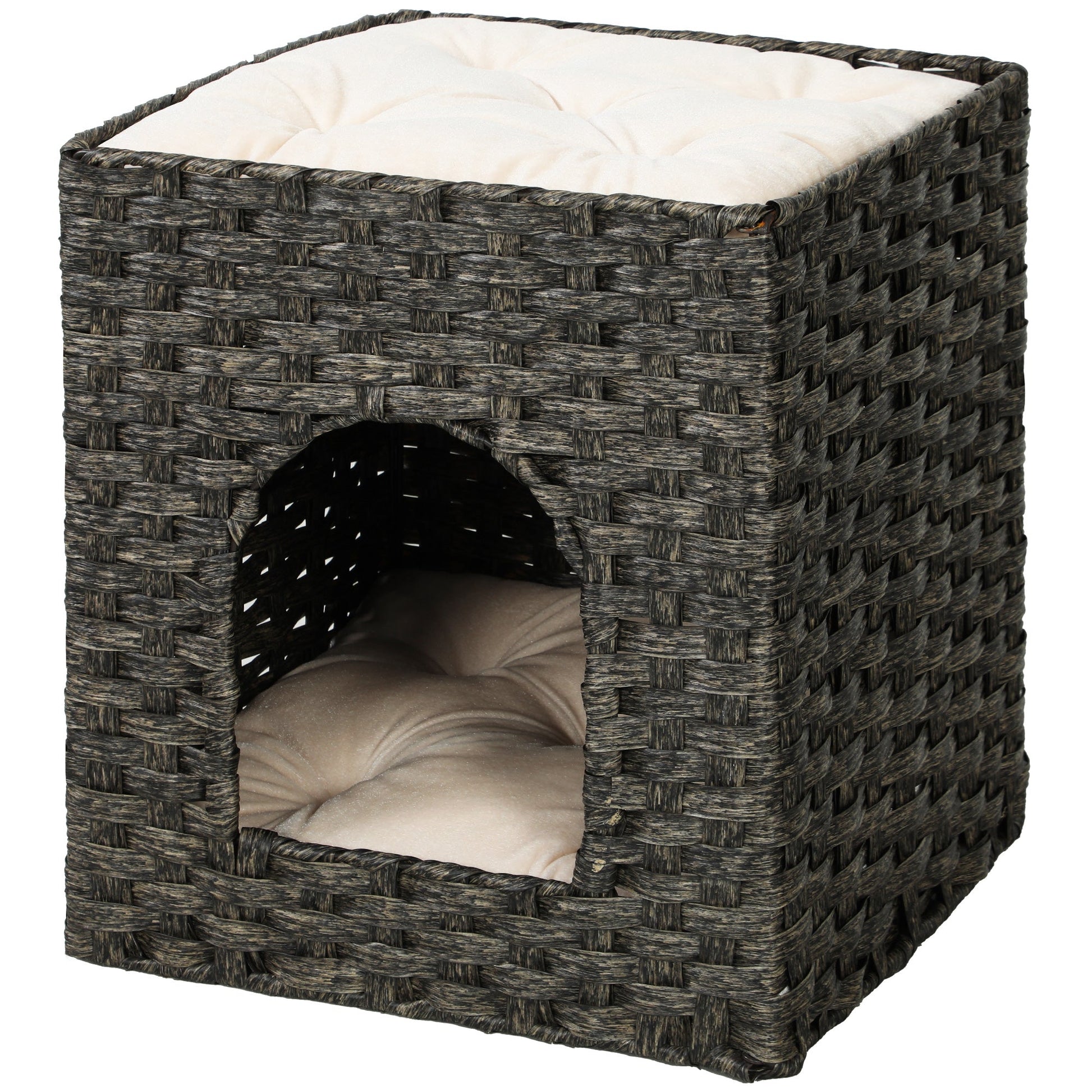 2-Tier Wicker Cat House, Handwoven Rattan Cat Bed with Washable Cushions, Indoor Kitten Condo Hideaway, 43 x 40 x 49 cm, Grey