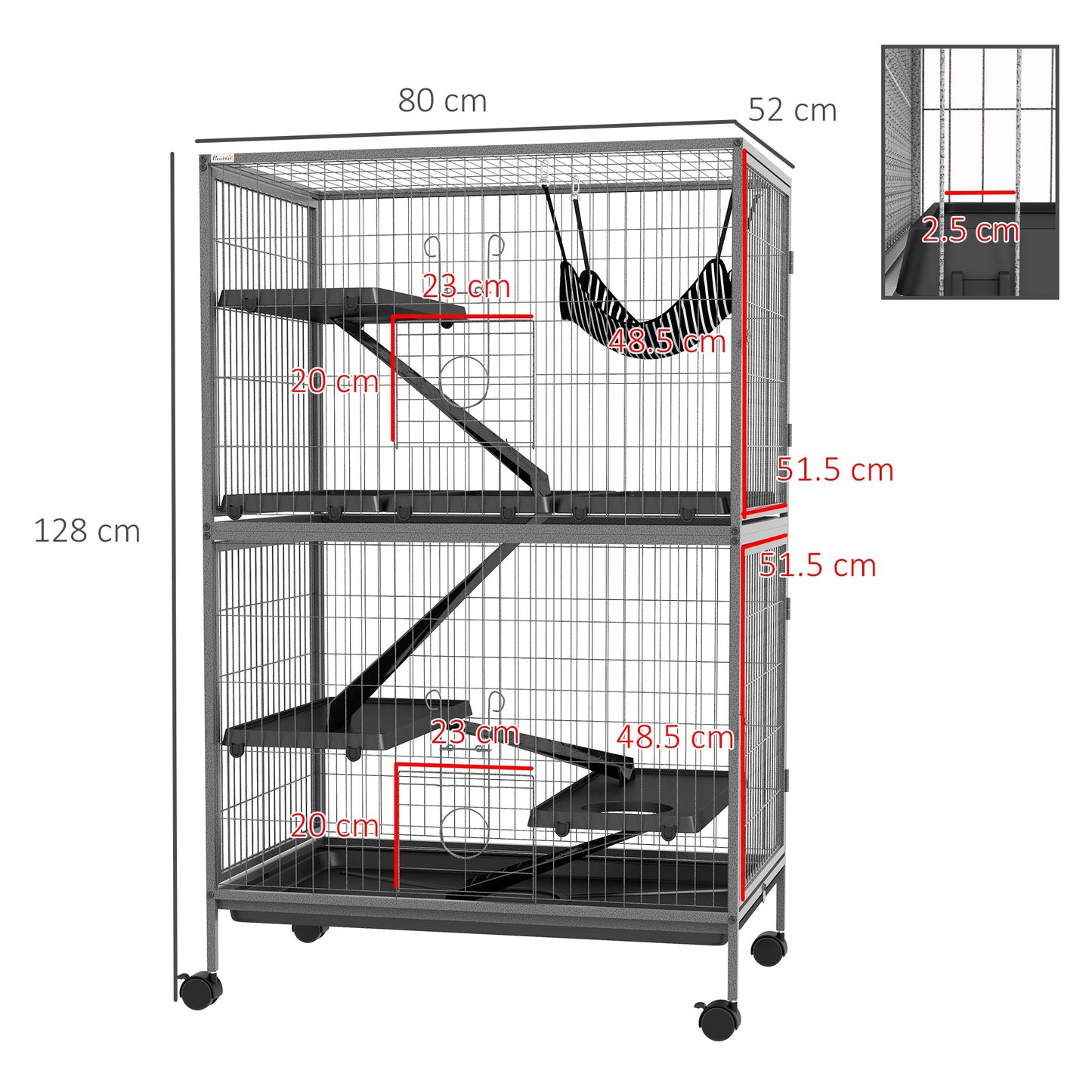 Small Animal Cage for Chinchilla Ferret Kitten on Wheels with Hammock Removable Tray, Grey