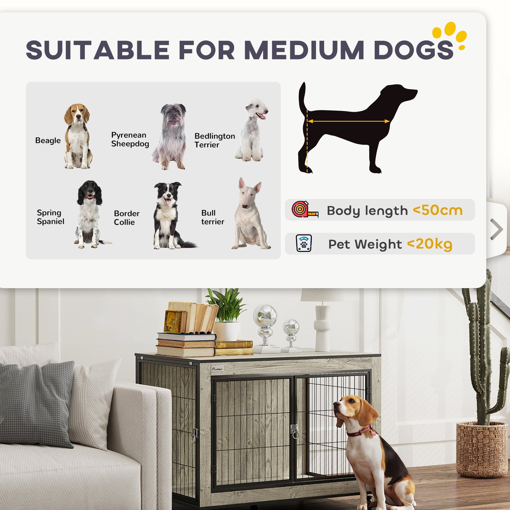 Dog Crate Furniture on Wheels, Dog Cage End Side Table with Lockable Double Doors, for Medium Breeds, 80 x 56 x 62.5cm, Grey