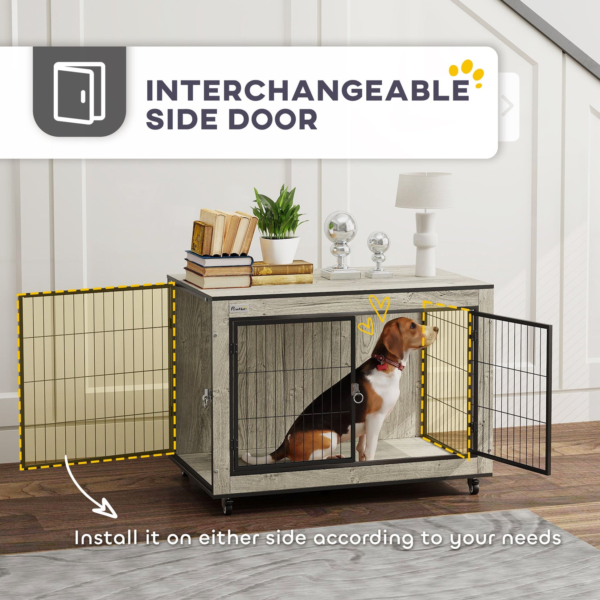 Dog Crate Furniture on Wheels, Dog Cage End Side Table with Lockable Double Doors, for Medium Breeds, 80 x 56 x 62.5cm, Grey