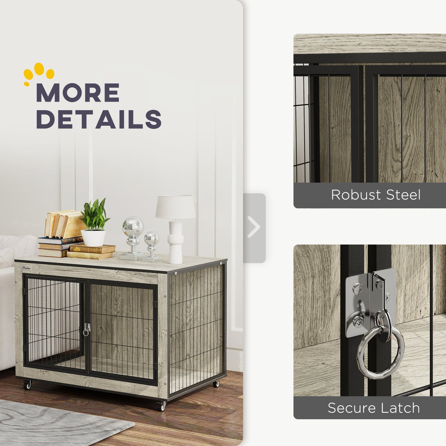 Dog Crate Furniture on Wheels, Dog Cage End Side Table with Lockable Double Doors, for Medium Breeds, 80 x 56 x 62.5cm, Grey