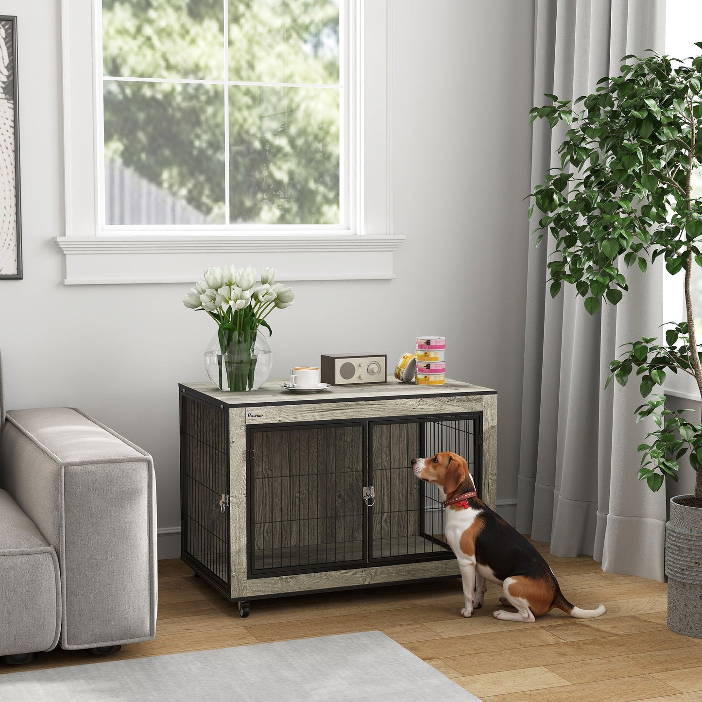 Dog Crate Furniture on Wheels, Dog Cage End Side Table with Lockable Double Doors, for Medium Breeds, 80 x 56 x 62.5cm, Grey